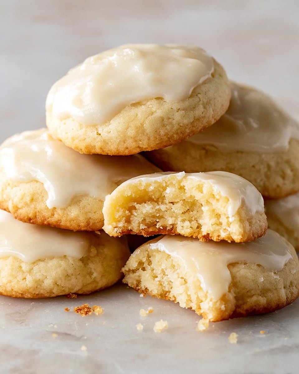 A group of soft cookies is stacked randomly on a white marbled surface. Each cookie has two layers: a light golden base that looks crumbly and soft, topped with a smooth, creamy white icing layer that drips slightly over the edges. One cookie is broken in half, showing a dense and moist inside with a pale yellow color. Small crumbs scatter around the cookies, enhancing the texture detail. The overall look is warm and inviting. photo taken with an iphone --ar 4:5 --v 7