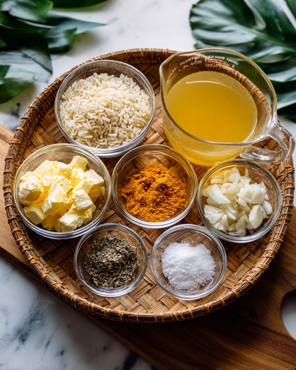 A round woven tray holds seven small clear glass bowls and one larger clear glass measuring cup arranged in a circle on a white marbled cloth, placed on a wooden surface. The bowls contain various ingredients: light golden long-grain rice filling one bowl, two pale yellow butter pats stacked in another, finely chopped white onion in a third, minced garlic in a fourth, bright orange turmeric powder, coarse white salt, and ground black pepper. The large measuring cup holds pale yellow chicken stock. The setting is bright and natural with green leaves in the top left and right corners. Photo taken with an iphone --ar 4:5 --v 7