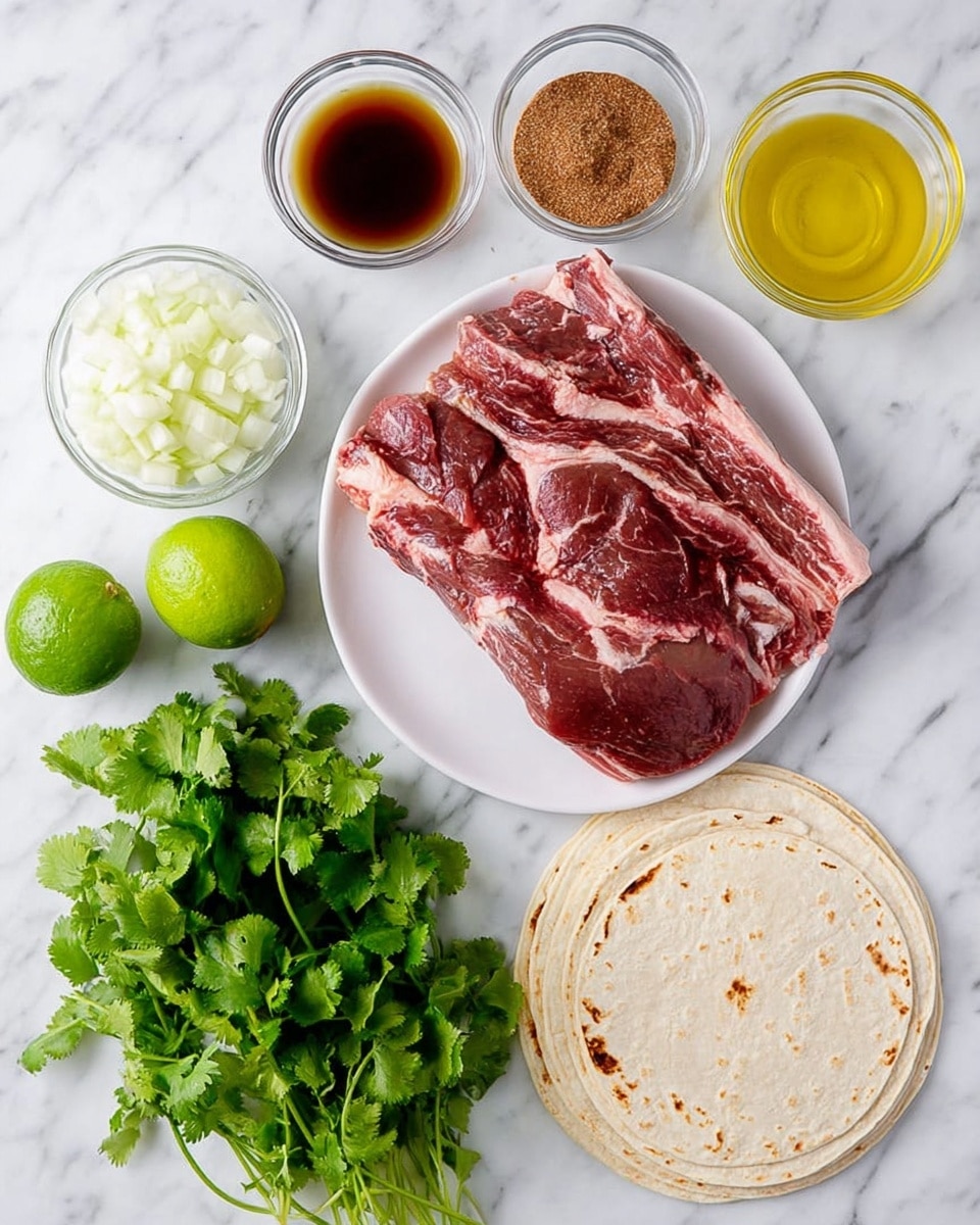 On a white marbled surface, there is a white plate holding a large piece of raw red meat with light pink fat marbling. Surrounding the plate are small glass bowls containing finely chopped white onions, golden yellow oil, and a dark brown liquid. Near them, there is a clear glass bowl filled with brown seasoning powder, and two green limes, one whole and one cut in half showing a bright green interior. A round stack of white tortillas with light brown spots rests on the surface. At the bottom, a fresh bunch of green cilantro with leafy stems is placed, all arranged neatly and clearly visible. photo taken with an iphone --ar 4:5 --v 7
