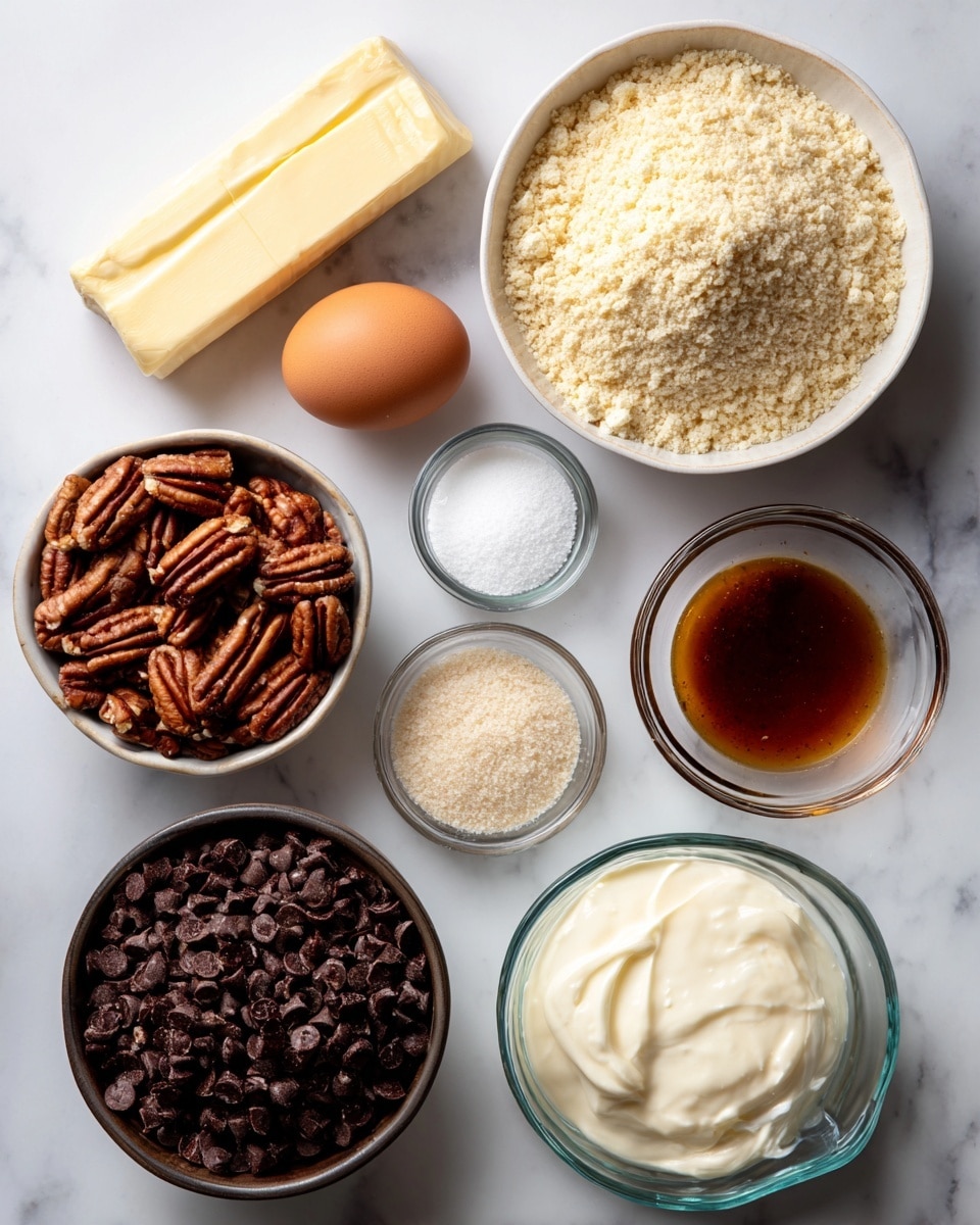 The image shows nine ingredients arranged neatly on a white marbled surface. At the top right, there is a white bowl filled with light beige almond flour. Below it, a clear glass bowl holds a pile of brown pecans. To the left of the pecans, a stick of pale yellow butter lies flat. Above the butter, a small glass bowl contains white sweetener (erythritol). Two brown eggs are placed near the bottom left, above a small clear glass bowl with white and brown sweetener (erythritol and allulose) mixed together. Next to it on the right, a small white cup holds amber-colored vanilla extract. At the bottom left, a dark metal bowl is filled with dark chocolate chips. Finally, a short, clear glass holds off-white heavy cream. The photo is taken with an iphone --ar 4:5 --v 7