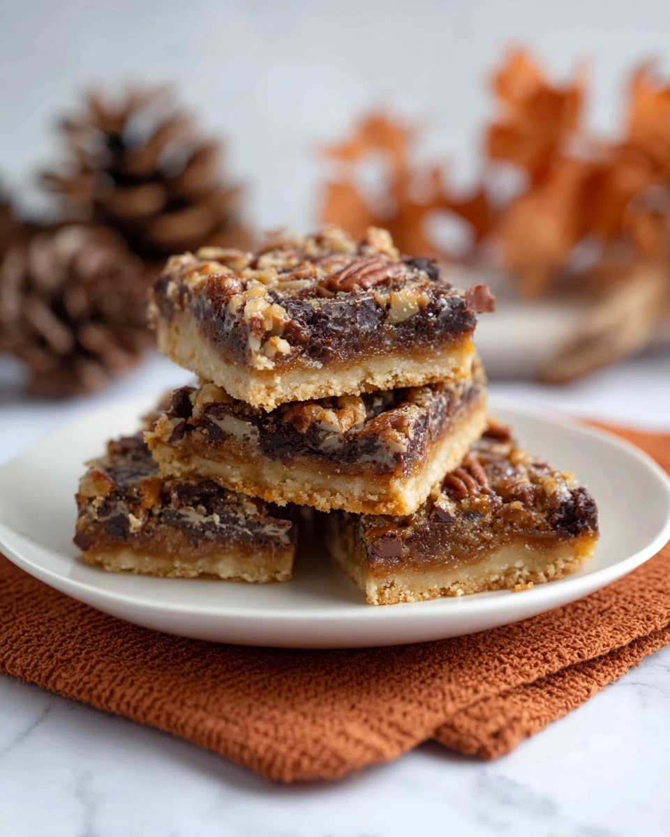 The image shows a stack of four square dessert bars on a white plate. Each bar has two layers: a light golden, crumbly bottom crust, and a thicker top layer filled with a mix of nuts and dark chocolate pieces, creating a textured and slightly glossy surface. The bars are arranged with three at the base and one slightly tilted on top, revealing the layers clearly. The plate rests on an orange-brown textured cloth, placed on a white marbled surface. In the blurred background, there are soft natural elements that look like pinecones and brown dried flowers. Photo taken with an iphone --ar 4:5 --v 7