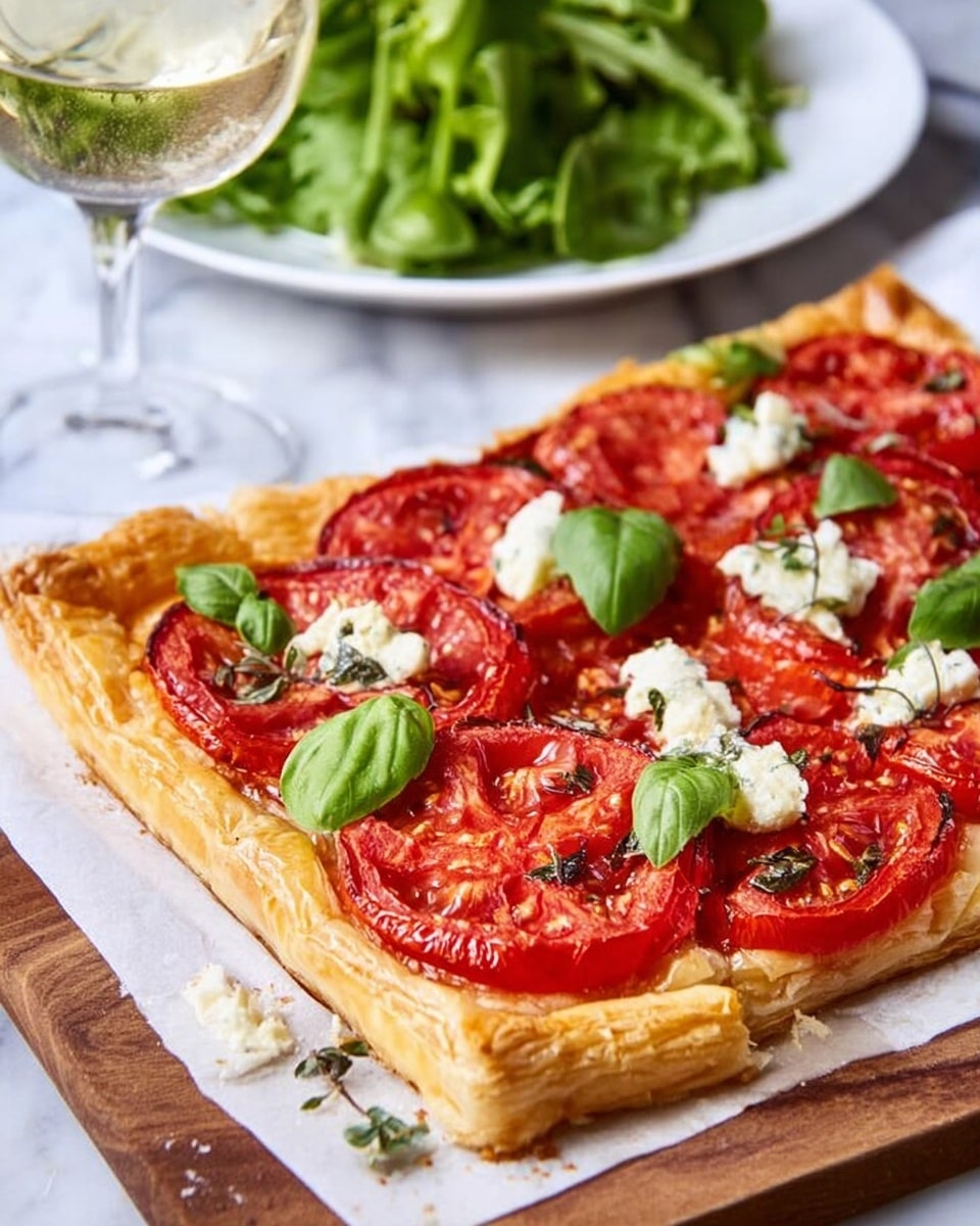 A square puff pastry tart on white parchment paper, laid on a wooden board, with multiple layers: the bottom is a light, flaky golden crust that is puffy and crisp; spread over the crust is a thin red tomato sauce topped with thick, fresh red tomato slices scattered evenly across the surface. Small dollops of creamy white cheese are placed on and around the tomato slices, with fresh green basil leaves as garnish both on the tart and on the side. In the background, a glass of white wine is visible, alongside a white plate filled with fresh green salad leaves. The surface beneath everything is a white marbled texture. Photo taken with an iphone --ar 4:5 --v 7
