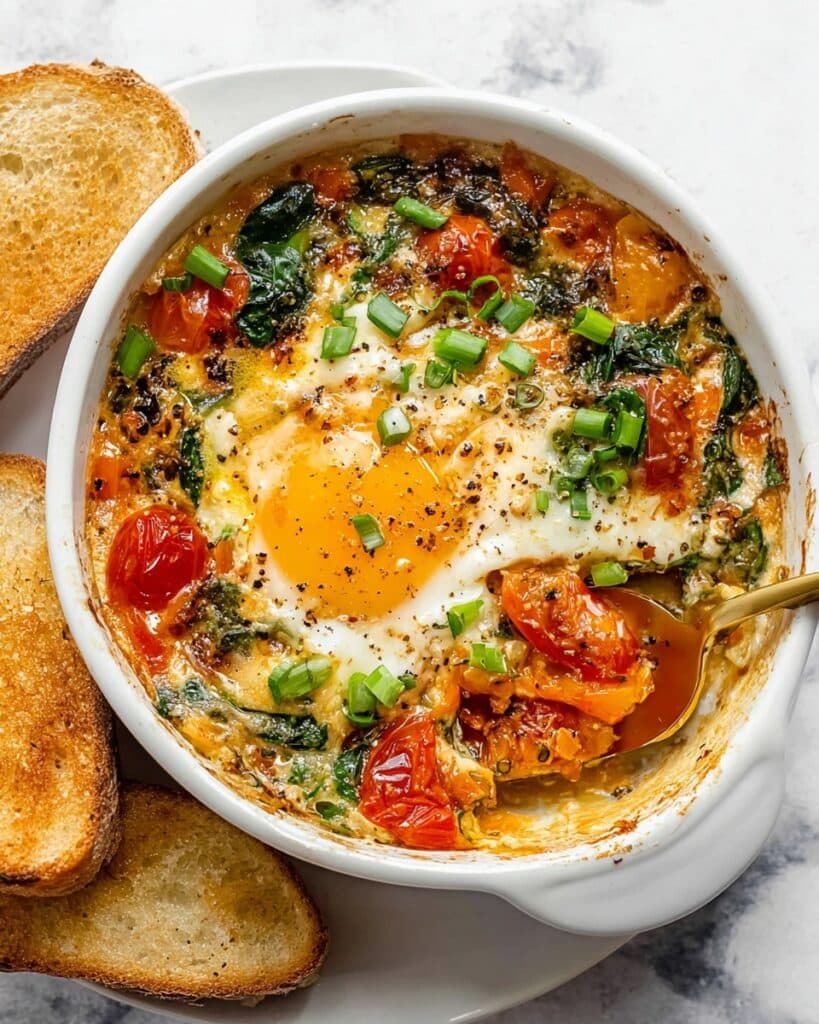 Baked Feta Eggs with Cherry Tomatoes and Spinach Recipe