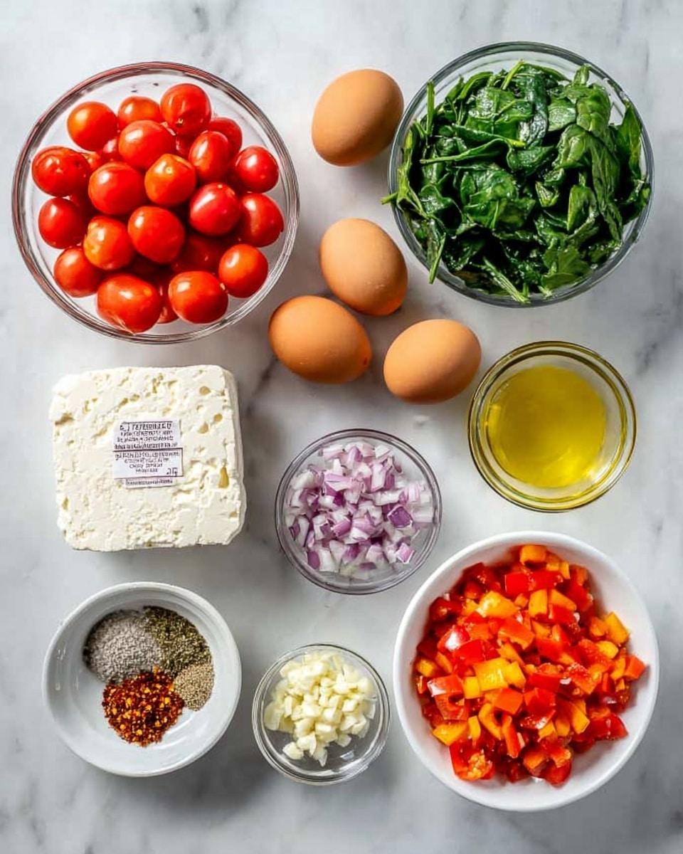 The image shows a group of ingredients neatly arranged on a white marbled surface. In the top left, there is a glass bowl full of bright red cherry tomatoes. Beside it, four brown eggs rest directly on the surface. Below these, a block of white feta cheese with a label sits next to a glass bowl filled with fresh green spinach leaves. To the right, a small glass bowl of light yellow olive oil sits above a glass bowl of diced purple onions. A small bowl with finely chopped white garlic is placed in the center, and next to it, a white bowl is packed with finely diced orange bell peppers. On the bottom left, a white bowl holds a mix of seasonings including dried herbs and red chili flakes. The setup is clean and colorful, with all ingredients individually placed and easy to see, photo taken with an iphone --ar 4:5 --v 7