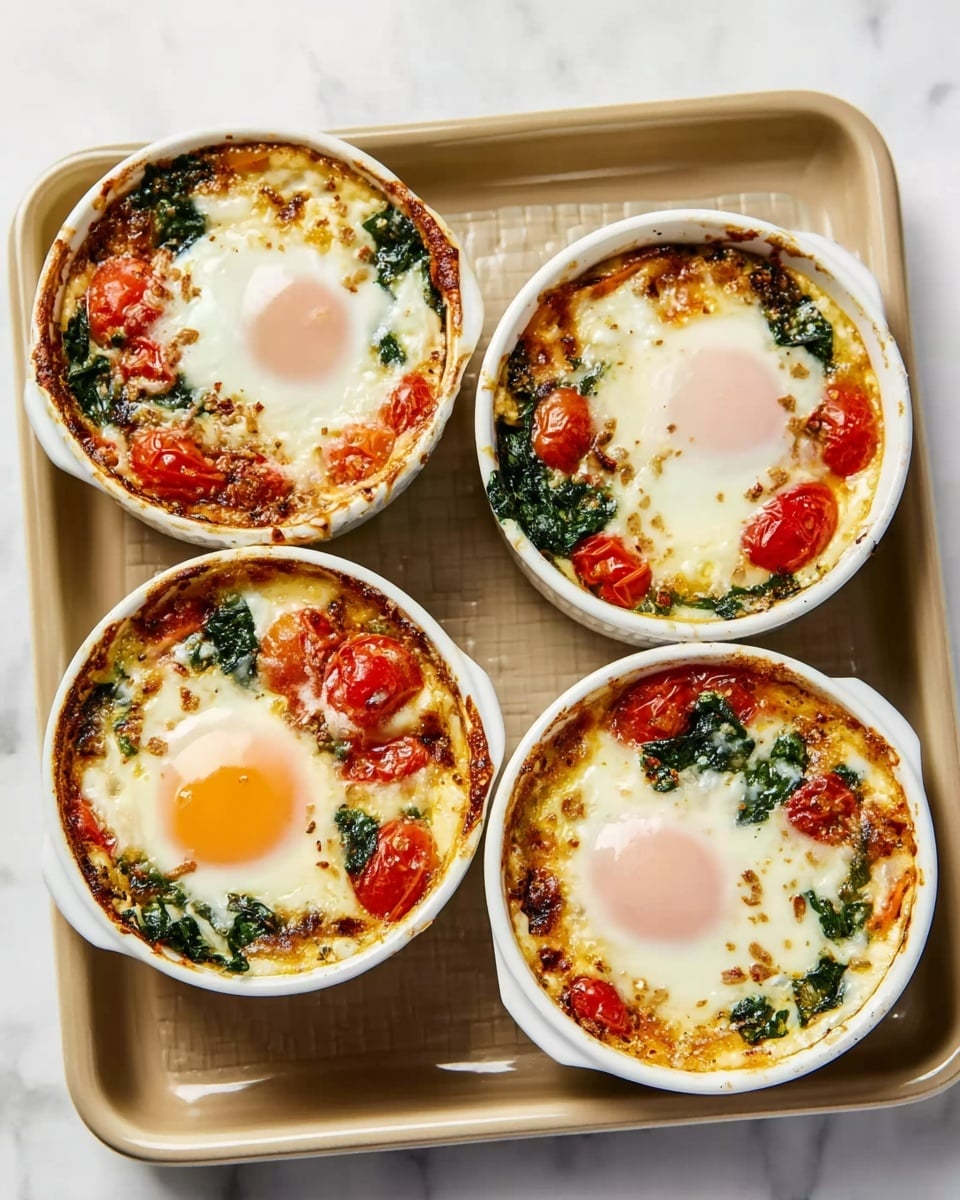 Four white round ramekins filled with baked eggs are placed on a beige tray with textured surface, all set on a white marbled background. Each ramekin contains a layer of cooked cherry tomatoes and spinach with red and green tones mixed with creamy melted cheese, topped by a perfectly cooked egg with a smooth white surface and a soft pinkish yolk in the center. The edges of the ramekins show slight browning from baking, with some bits of vegetables and cheese around the sides adding texture. A woman's hand is holding the edge of the tray from the left side. photo taken with an iphone --ar 4:5 --v 7