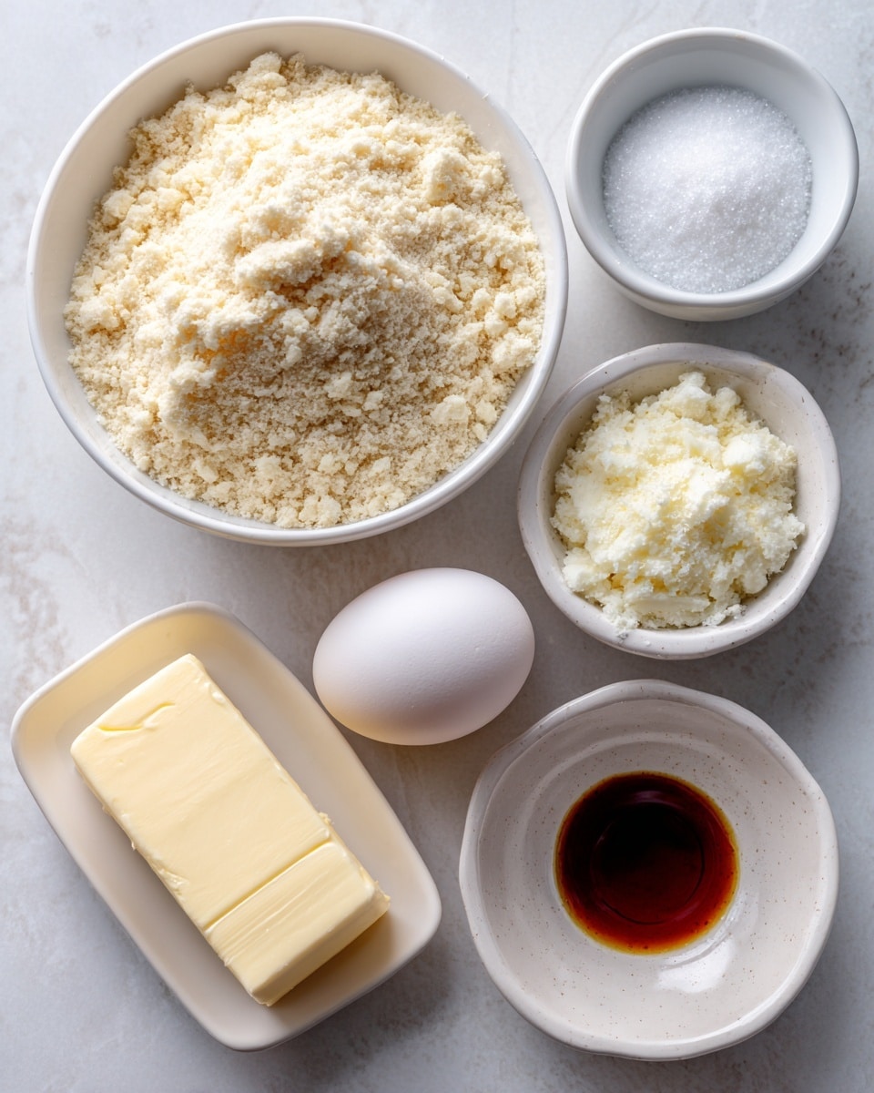 The image shows six ingredients arranged on a white marbled surface. In the top left, a white bowl is filled with pale beige almond flour with a slightly grainy texture. To its right is a small white bowl holding some white salt crystals. Below the salt, a round white bowl contains fine white granulated sugar. At the bottom left, a white bowl holds a large white egg with a smooth shell. Next, to the right of the egg, is a small white bowl filled with clear almond extract liquid. At the bottom left corner, there is a rectangular block of unsalted butter with a pale yellow color and a smooth surface. Each item is neatly placed with enough space around it to be clearly visible. Photo taken with an iphone --ar 4:5 --v 7