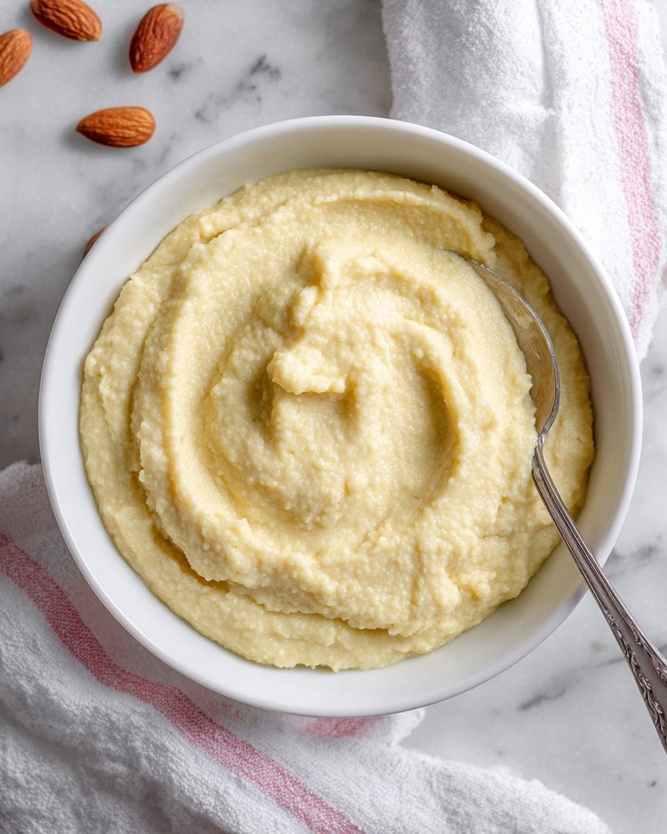 A white bowl filled with a smooth, pale yellow creamy paste that has a soft, slightly grainy texture, spread evenly with gentle swirls on the top surface. A silver spoon is placed inside the bowl on the right side, partially immersed in the paste. The bowl is set on a white marbled surface with a few whole almonds scattered around the top left edge and a white cloth with pink stripes near the bottom edge of the image. photo taken with an iphone --ar 4:5 --v 7