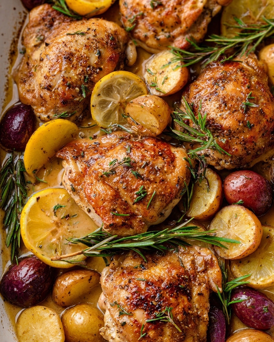 The image shows a close-up of a cooked dish with five pieces of golden-brown seasoned chicken thighs placed on a white marbled surface. The chicken is surrounded by fingerling potatoes in yellow and red colors, and slices of roasted lemon with a slightly charred texture. Fresh green rosemary sprigs are scattered over the chicken and potatoes, adding a touch of color and freshness. The dish is covered with a light sauce that gives a glossy finish to the chicken and vegetables. photo taken with an iphone --ar 4:5 --v 7