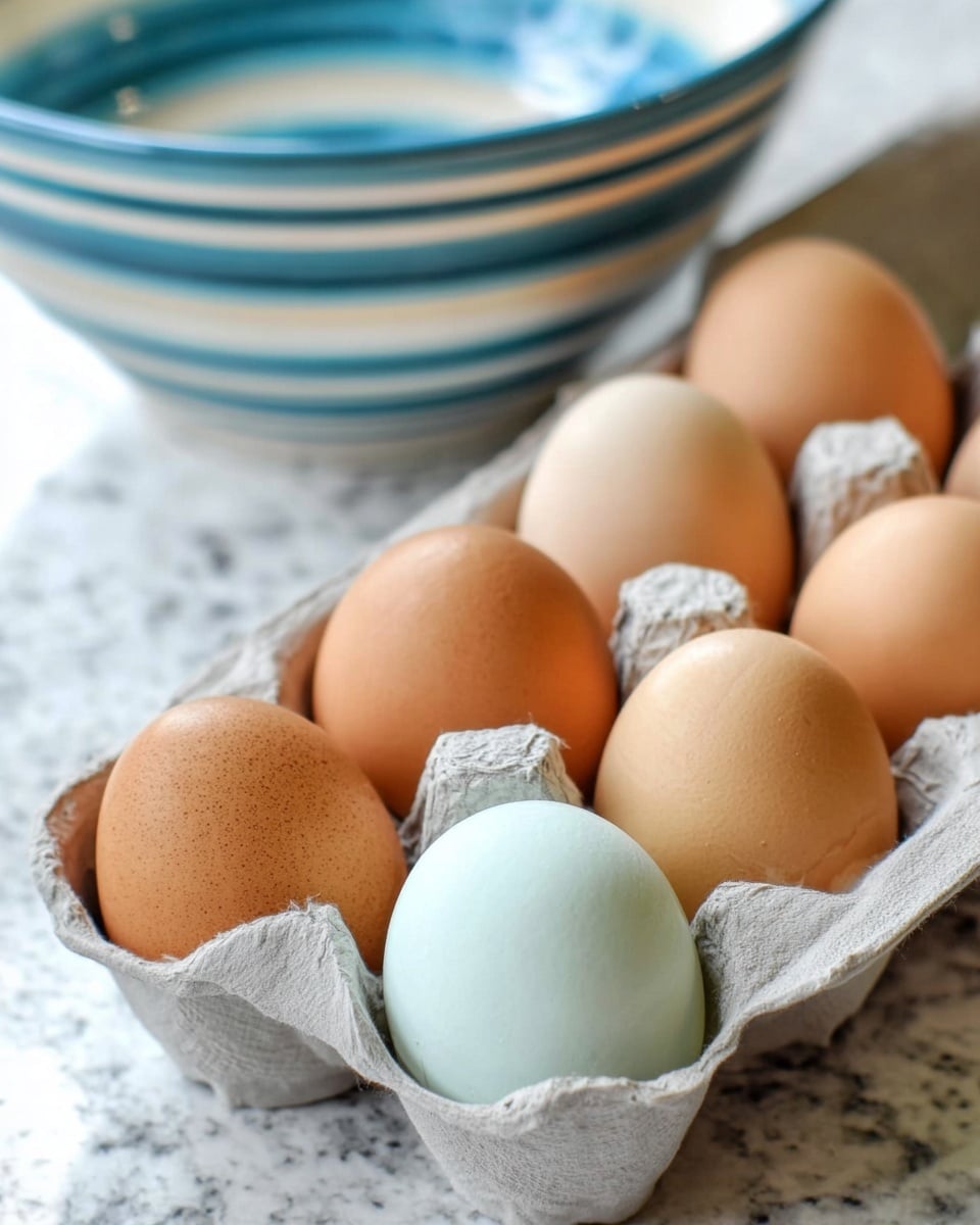 A carton of eggs is shown with nine eggs arranged in two rows; the top row holds five eggs and the bottom row holds four. Most eggs are light to medium brown in color with a smooth texture, while one egg in the bottom row stands out with a pale blue color. The egg carton is a light gray pulp material, and a striped blue bowl is blurred in the background. The surface beneath is a white marbled texture. photo taken with an iphone --ar 4:5 --v 7