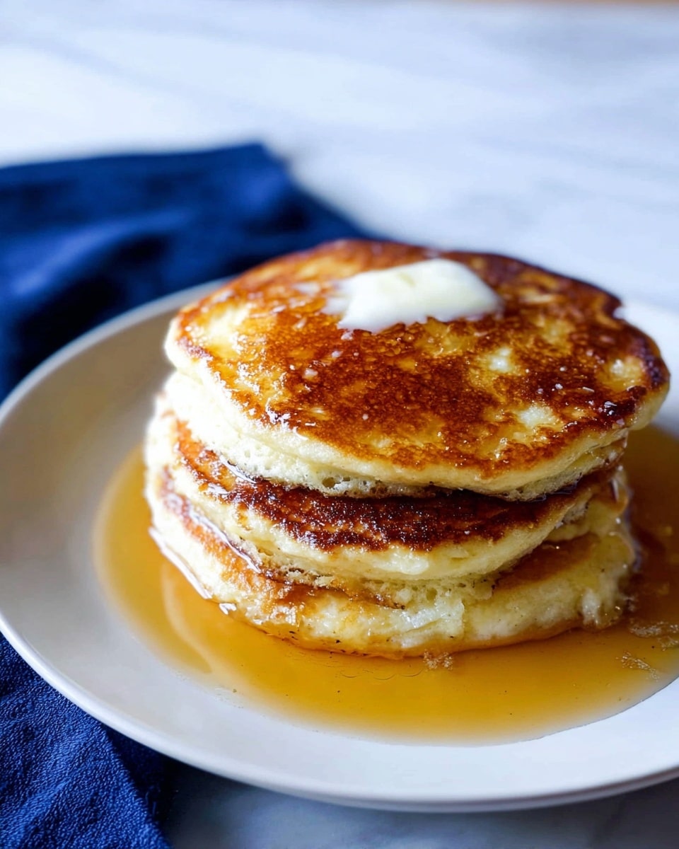 A stack of three thick pancakes is placed on a white plate with a small round shape. Each pancake has a golden brown color with slightly crispy edges. The top pancake has a small dollop of melting butter in the center, creating a shiny white spot. The stack sits in a pool of light amber syrup that gently spreads on the plate around the base. The plate is set on a white marbled surface with a dark blue cloth napkin on the left side. The image shows a close view focusing on the pancakes. photo taken with an iphone --ar 4:5 --v 7
