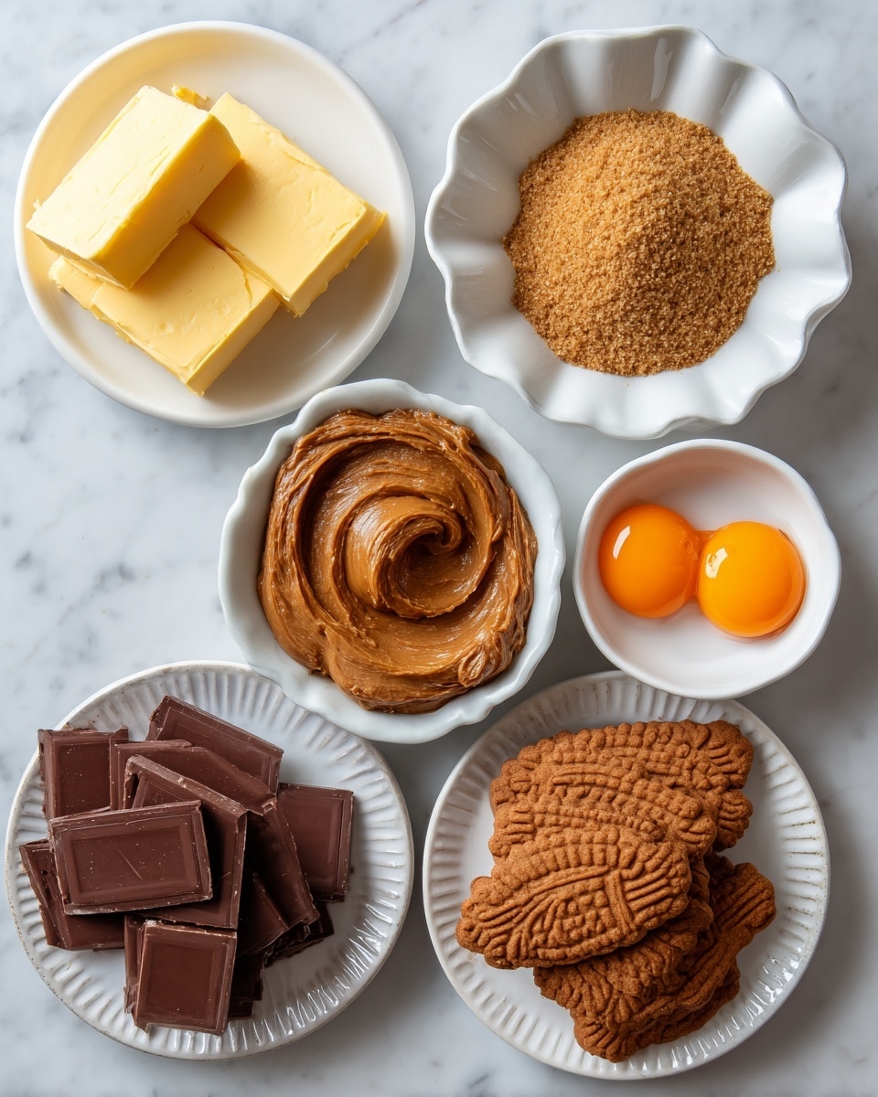The image shows six white dishes arranged on a white marbled surface, each holding a different ingredient. In the top left is a small round plate with three rectangular yellow butter blocks stacked neatly. Next to it, a larger scalloped bowl holds light brown, grainy brown sugar piled high. Below the butter, a small white bowl contains smooth brown Biscoff spread swirled gently. At the center, a small fluted bowl holds two raw eggs with bright orange yolks in clear whites. On the bottom left, a round white plate with ridged edges has several square pieces of smooth dark chocolate stacked loosely. Finally, on the bottom right, a small white plate displays seven rectangular Biscoff cookies with detailed surface patterns, stacked unevenly. photo taken with an iphone --ar 4:5 --v 7