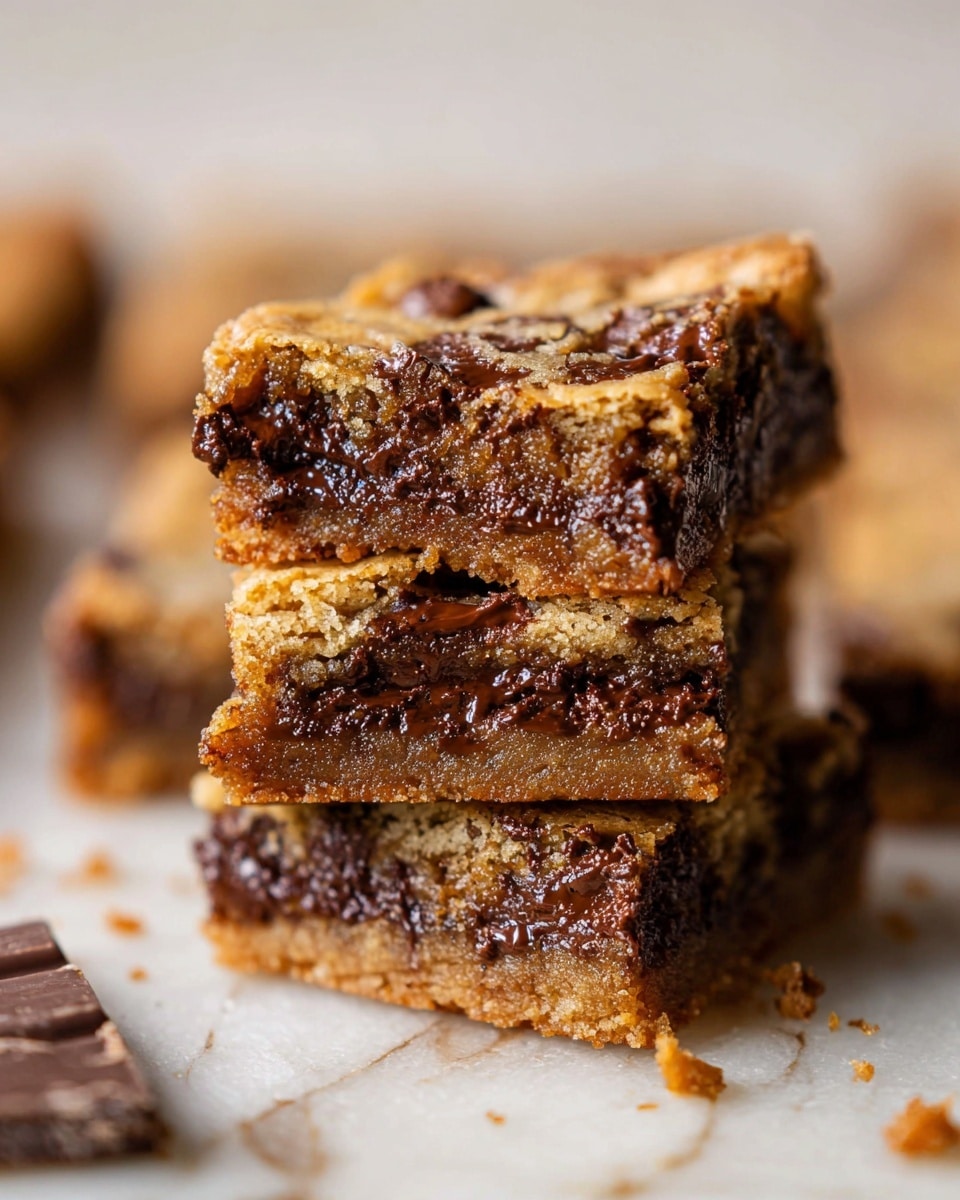 A stack of three thick, square chocolate chip cookie bars with a golden brown top layer that has a slightly crisp texture and melted dark chocolate chunks visible throughout. The middle layers show a soft, chewy texture with rich chocolate melting inside, while the bottom layer appears denser and slightly crumbly. Crumbs and small pieces of chocolate are scattered around the stack on a white marbled surface. The background is softly blurred, focusing attention on the cookie bars photo taken with an iphone --ar 4:5 --v 7