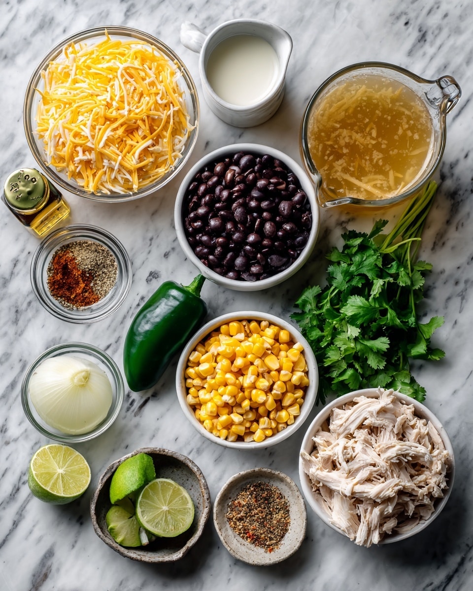 The image shows a white marbled surface with small clear glass bowls and loose ingredients arranged neatly. There is one bowl with shredded orange-yellow cheese, a small clear jug of light cream, a bowl of black beans with the can lid next to it, a small pile of yellow corn kernels in another bowl, a peeled onion placed near the bottom center, and a bunch of fresh green cilantro next to a lime quarter. Near the top right, there is a clear measuring cup filled with golden chicken broth. A dark green poblano pepper is positioned near the center, and a bowl with shredded white chicken is placed to the bottom right. A small white bowl holds a blend of seasonings with colorful spices, and a small bottle of olive oil with a green cap sits nearby. The overall arrangement is clean and organized with ample white marbled space around the ingredients photo taken with an iphone --ar 4:5 --v 7