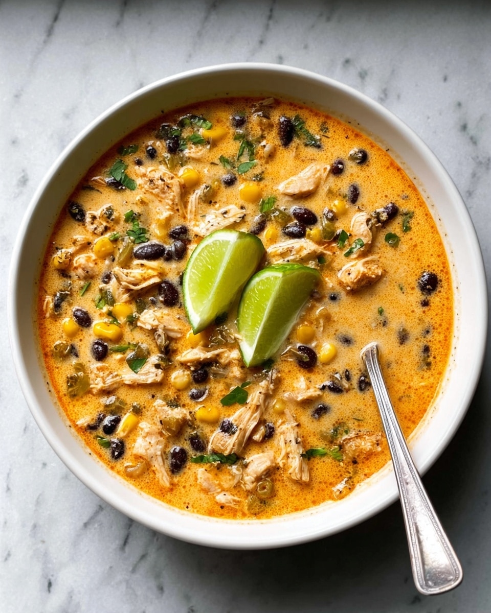 A white bowl filled with creamy orange soup containing shredded pieces of chicken, black beans, corn, and small green vegetable chunks evenly mixed throughout. Two lime wedges rest on top near the center, adding a fresh green contrast. A silver spoon is placed inside the bowl on the right side, partially submerged. The bowl is set on a white marbled surface. Photo taken with an iphone --ar 4:5 --v 7