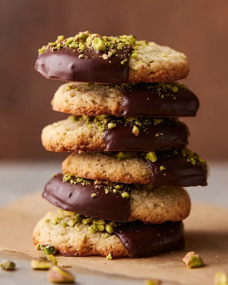 A stack of five round cookies is shown, each one half dipped in dark chocolate and sprinkled with small green pistachio pieces on the chocolate side. The cookies have a light brown color and a slightly rough texture. The stack leans slightly to one side and is placed directly on a light brown surface with some scattered pistachio bits around. The background is a soft brown shade, making the cookies stand out clearly. Photo taken with an iphone --ar 4:5 --v 7