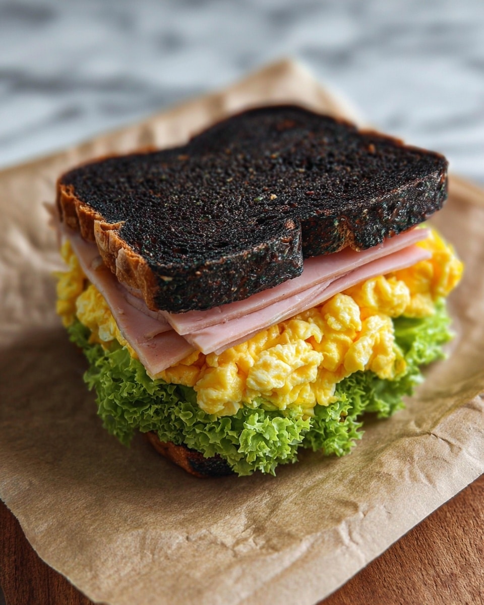 The sandwich has three layers of filling between two thick slices of black bread. The bottom layer is fresh green curly lettuce with bright yellow cheese peeking out underneath. Above that is a fluffy, light yellow scrambled egg layer, topped with a smooth slice of pinkish ham. The sandwich sits on a sheet of light brown paper on a white marbled surface. photo taken with an iphone --ar 4:5 --v 7