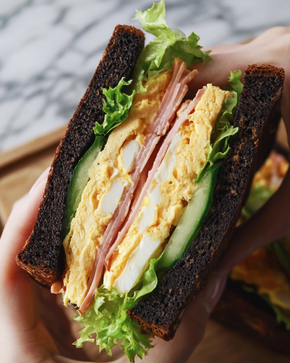 A sandwich held by a woman's hand featuring three layers: the outer layers are soft, dark black bread with a slightly rough texture; inside, there is a deep pink ham slice, a thick, fluffy layer of pale yellow and white folded egg, a vibrant green leafy lettuce, and a small slice of green cucumber. The sandwich is shown close-up with a white marbled surface in the background photo taken with an iphone --ar 4:5 --v 7