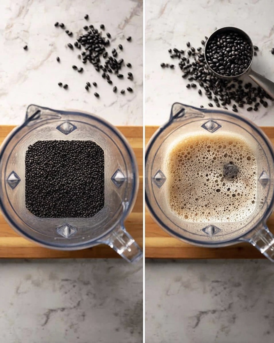 The image shows two photos side by side on a white marbled surface. Both photos focus on a clear blender jar placed at the bottom left corner of each frame. In the left photo, the blender jar is empty but has a square container inside filled with whole black beans, and a metal scoop filled with more black beans is placed near the blender on the right. A few loose black beans are scattered above the scoop. In the right photo, the blender jar is filled with a foamy liquid that covers the square container submerged inside, while the metal scoop with black beans and the scattered beans remain in the same positions. photo taken with an iphone --ar 4:5 --v 7