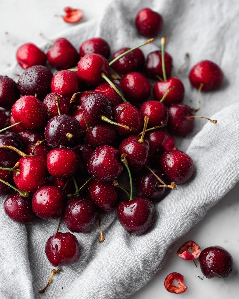 A pile of fresh red and dark red cherries with stems, resting on a soft gray cloth that is spread loosely over a white marbled surface. The cherries have a shiny, slightly wet texture with small water droplets on them. A few cherry pits and stems are scattered around the cloth on the surface, adding extra details to the scene. The image has a natural, fresh feel with a soft light highlighting the rich red tones of the cherries. photo taken with an iphone --ar 4:5 --v 7
