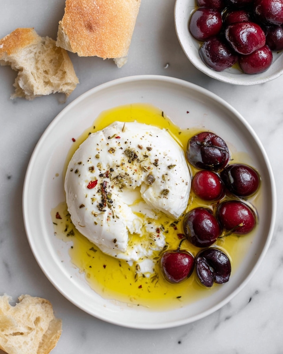 The image shows a white plate with a large soft white cheese whole but broken on one side, sprinkled with black pepper and drizzled with golden olive oil that pools around the cheese. Next to the cheese are a few dark red cherries, some whole and some with parts bitten. Above the plate, there is a small white bowl filled with more dark red cherries. Around the plate, on a white marbled surface, there are two small pieces of torn light brown bread. The photo taken with an iphone --ar 4:5 --v 7