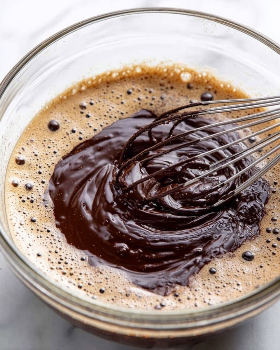 A clear glass bowl filled with two visible layers: the bottom layer is a light brown foamy liquid with small bubbles, and the top layer is a glossy dark brown melted chocolate being swirled into the lighter layer. A metal whisk is partially visible, held near the right side of the bowl, blending the two layers together. The bowl sits on a white marbled surface. photo taken with an iphone --ar 4:5 --v 7