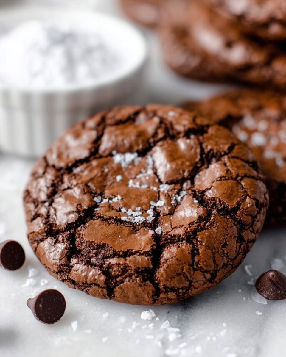 A close-up view of a single large chocolate cookie with a cracked, textured surface showing a rich dark brown color. The cookie is round with deep fissures and a slightly glossy top. Around the main cookie, there are a few chocolate chips scattered on a white marbled surface. In the background, a white bowl filled with powdered sugar is slightly out of focus, with more cookies softly blurred behind it. The lighting highlights the cookie’s rough texture and deep brown tones. photo taken with an iphone --ar 4:5 --v 7