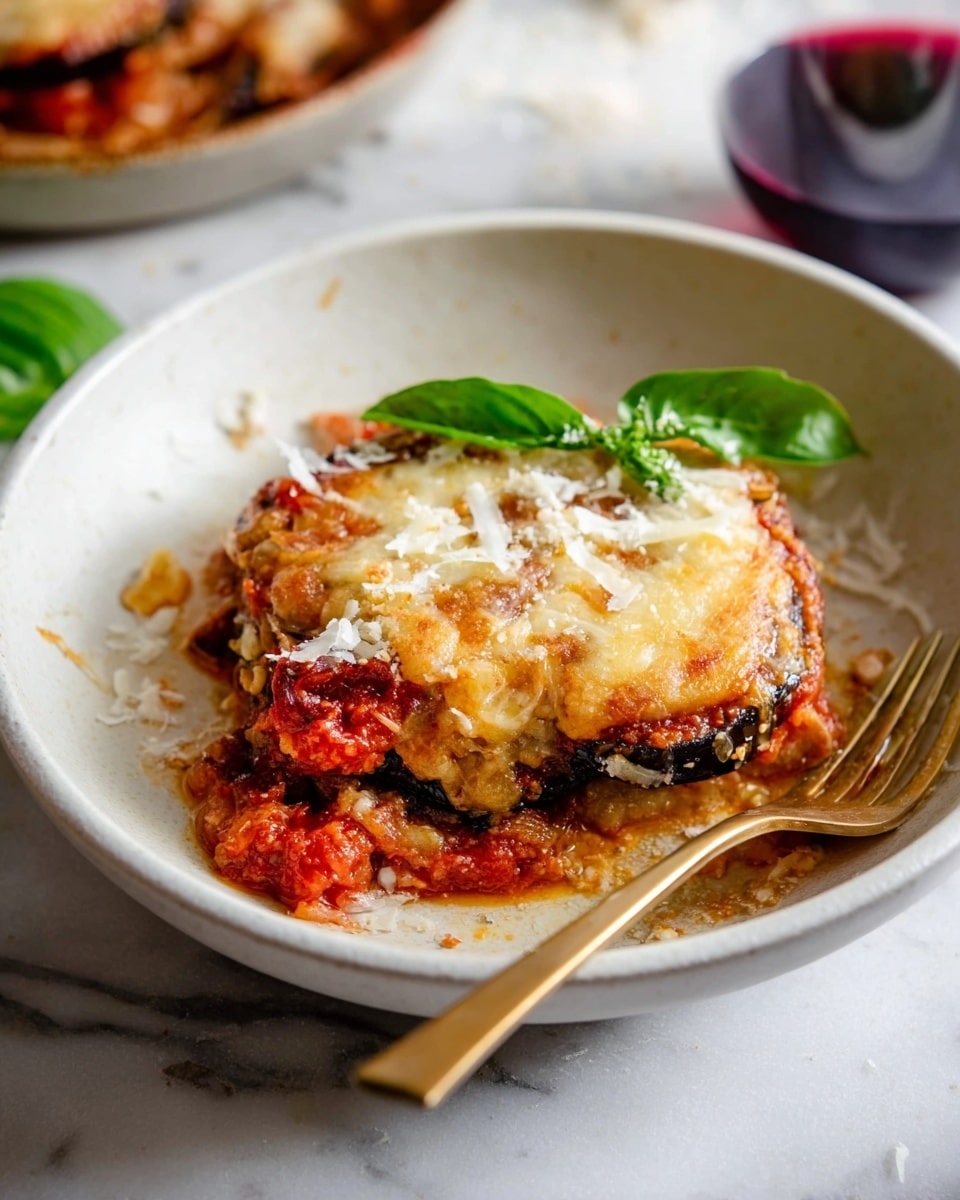 A baked dish in a white oval ceramic baking dish, showing three thick layers: a bottom layer of soft, cooked eggplant slices, a middle layer of chunky red tomato sauce, and a top layer of melted, slightly browned cheese with orange-brown spots. Two fresh green basil leaves sit on the top, adding color contrast. One piece is cut and slightly pulled out, revealing the soft eggplant beneath the sauce and cheese. The baking dish is on a white marbled surface with some bread pieces on a small white plate nearby. photo taken with an iphone --ar 4:5 --v 7