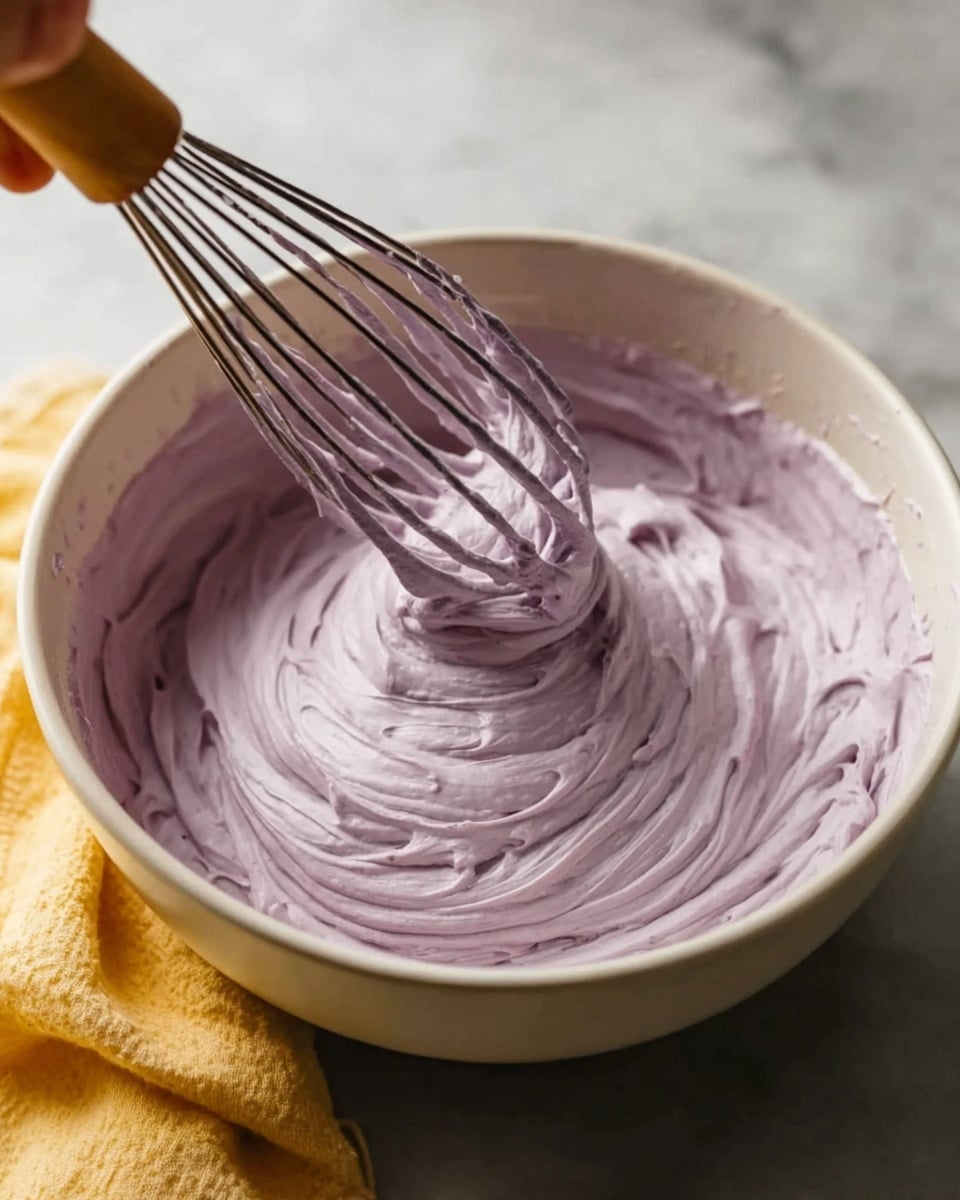 A close-up image showing a thick, creamy mixture in a large white bowl with a slightly shiny inside. The mixture is light purple in color with soft, smooth swirls and a fluffy texture. A wooden whisk with metal loops is lifting some of the mixture, showing it clinging in soft peaks. The bowl is placed on a white marbled surface with soft natural light highlighting the texture of the cream. A woman's hand holds the whisk from above, and part of a yellow cloth is seen at the side. photo taken with an iphone --ar 4:5 --v 7
