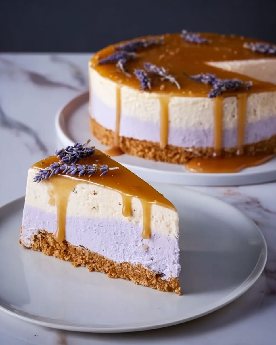 The image shows a slice and a larger portion of a cake with two layers on a white marbled surface. The bottom layer is a light brown crust with a crumbly texture, while the top layer is a smooth, light purple cream filling. The cake is topped with a golden caramel sauce that drips down the sides, and the top is decorated with small sprigs of lavender placed neatly along the edge. The setting is clean and simple, highlighting the colors and textures of the cake clearly, photo taken with an iphone --ar 4:5 --v 7