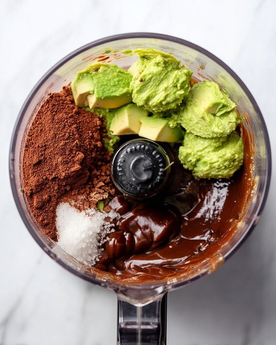 The image shows a clear food processor bowl placed on a white marbled surface, filled with multiple ingredient layers. On the left, there's a deep brown powder that looks like cocoa, next to a small pile of white salt near the center. On the right side, there are three large scoops of light green avocado with a smooth creamy texture. Below the avocado, a thick, dark brown sauce is poured over. The inside of the processor bowl has a sharp black blade in the center, contrasting with the colors of the ingredients. Photo taken with an iphone --ar 4:5 --v 7