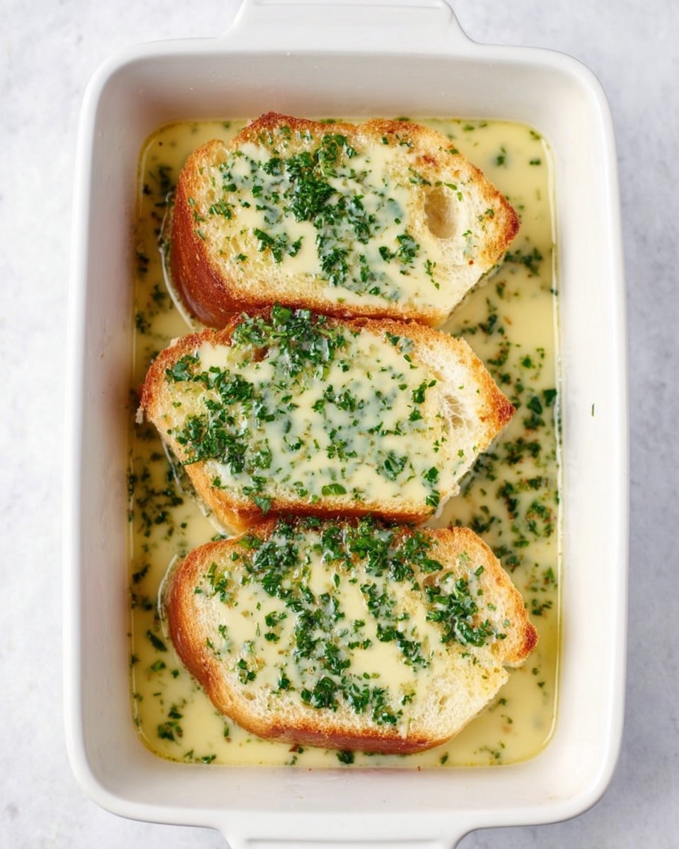A white rectangular dish holds two thick slices of bread soaking in a creamy, light yellow liquid mixed with small, finely chopped green herbs, mainly parsley. The slices of bread are side by side, their soft, airy texture visible with a golden brown crust outlining each slice. The cream sauce with herbs pools around and slightly covers parts of the bread, making the dish look fresh and ready to bake. The scene is set on a white marbled surface. photo taken with an iphone --ar 4:5 --v 7