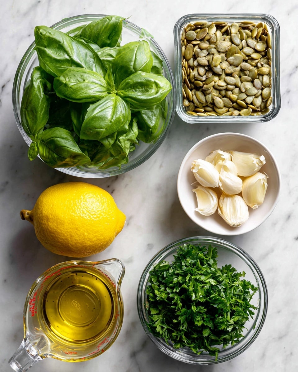 A top view of six main ingredients arranged on a white marbled surface: at the top center, a clear glass bowl filled with fresh green basil leaves with a smooth texture; to the right, a square glass jar filled with light green pumpkin seeds, showing their small oval shapes; below and slightly right, a small white bowl with several peeled garlic cloves, smooth and off-white; at the center, a bright yellow lemon with a slightly bumpy peel; to the left, a small clear glass measuring cup with golden olive oil reflecting some light; and at the bottom center, a clear glass bowl filled with fresh green parsley leaves with a slightly ruffled texture. Each item is neatly placed with clear spacing in between. photo taken with an iphone --ar 4:5 --v 7