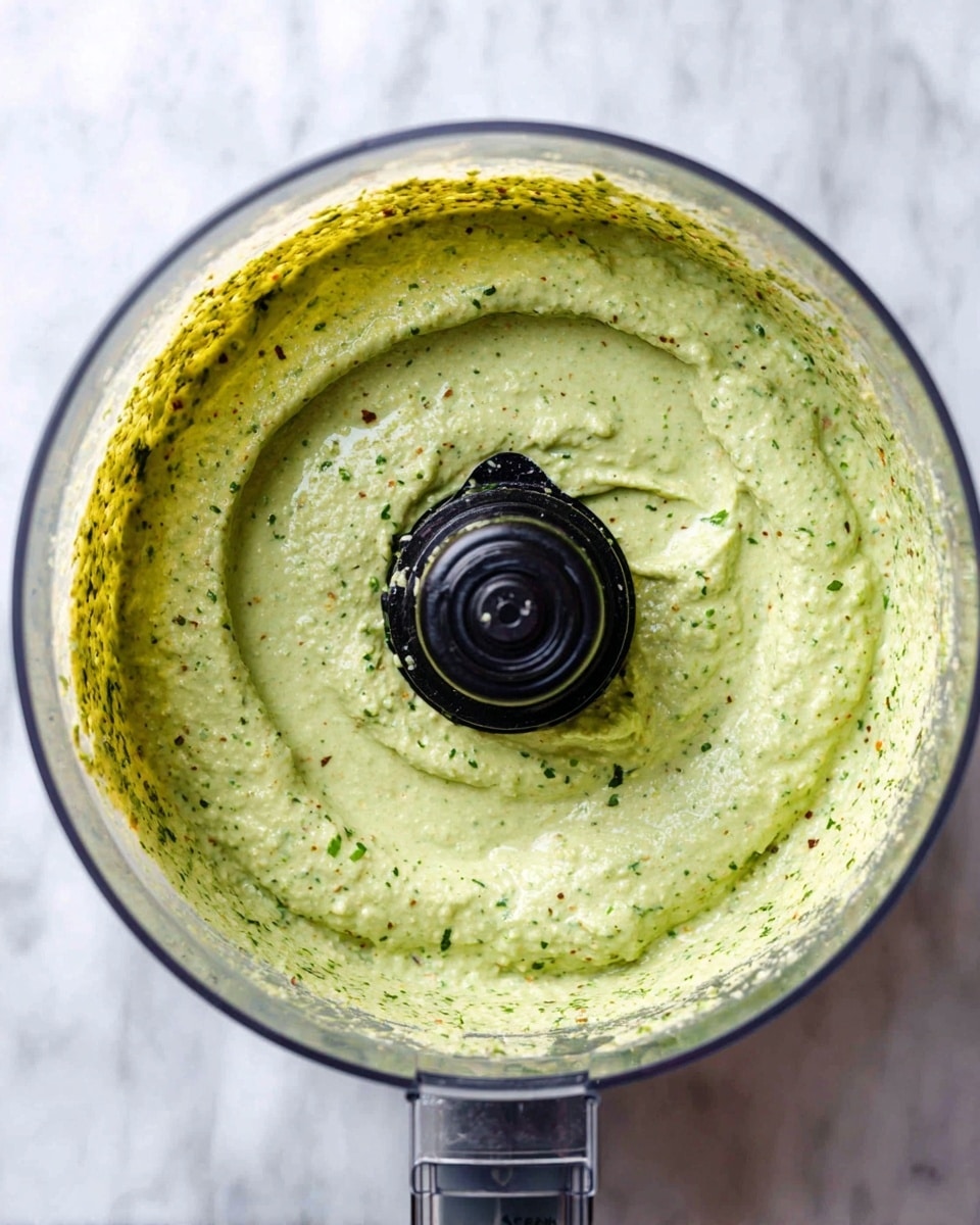 A top view of a clear food processor bowl filled with a creamy, light green sauce speckled with tiny dark green bits. The sauce has a smooth yet slightly grainy texture, and it is spread evenly around the sides except for more concentrated near the edges. The black central blade holder is prominent in the middle. The background shows a white marbled texture. photo taken with an iphone --ar 4:5 --v 7
