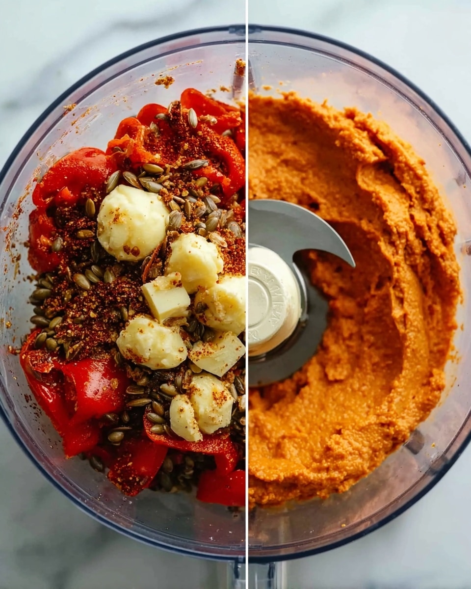 The image shows a clear glass food processor bowl on a white marbled surface. The left side of the bowl contains several layers of ingredients: bright red and orange roasted peppers spread unevenly at the bottom, topped with seeds and spices that look like sunflower or pumpkin seeds mixed with dried herbs and powders. On top of this are uneven chunks of pale yellow, soft-looking butter or cheese. On the right side, the food processor blade is seen in the center of a smooth, thick orange-red mixture with a slightly grainy texture, filling the bowl evenly. The overall look is colorful with a focus on reds, yellows, and browns. photo taken with an iphone --ar 4:5 --v 7