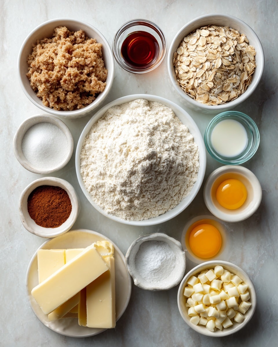 The image shows an overhead view of many small white bowls and containers arranged neatly on a white marbled surface. In the center is a large white bowl full of white flour with a small mound on top. Around it are bowls containing different ingredients: light brown fluffy brown sugar, white oats with a rough texture, smooth white sour cream, fine white sugar, small white chocolate chips, two small glass cups holding clear water and pale cream, a small white bowl with three yellow egg yolks, another clear glass with pale egg whites, a small white bowl of brown cinnamon powder, and a rectangular piece of pale yellow butter placed in front of the flour bowl. A small white container of red-brown vanilla sits near the top center. The labels for each ingredient are shown in black text on white rectangles placed near each bowl or container. Photo taken with an iphone --ar 4:5 --v 7