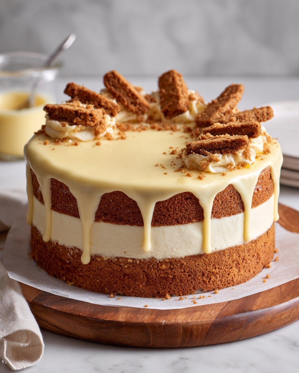 A round three-layer cake is shown with light brown sponge layers and white frosting in between and fully covering the outside. The cake sits on white parchment paper over a wooden round board on a white marbled surface. A glass measuring cup with a thick pale yellow sauce and a metal spoon inside is placed nearby. The cake is then seen with a light yellow glaze dripping slowly down its sides, evenly spread on top and smoothly covering the cake. Finally, the top of the cake is decorated with crushed brown cookies and large cookie pieces placed in a semicircle on part of the cake's white, smooth frosting. photo taken with an iphone --ar 4:5 --v 7
