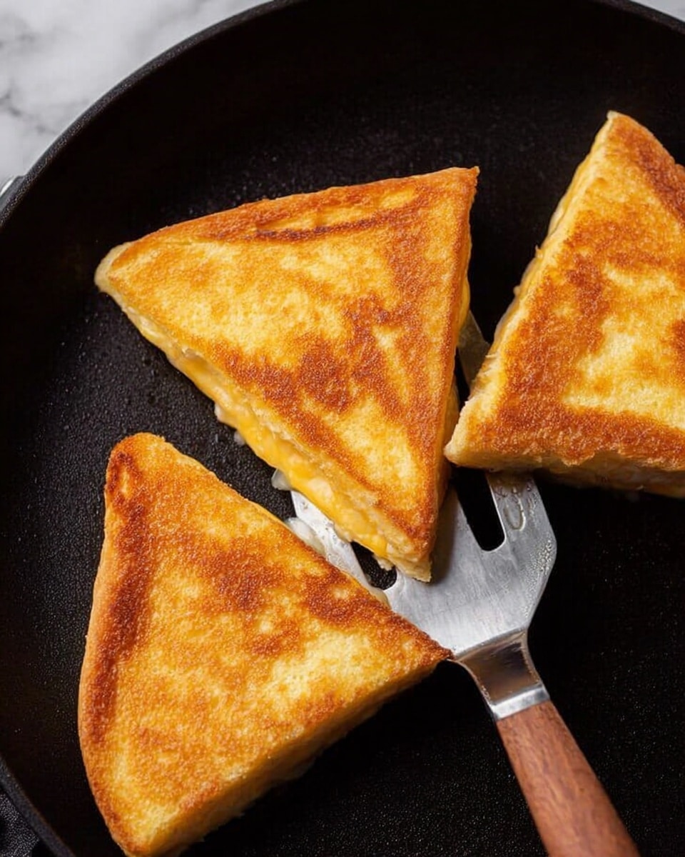The image shows a close-up of three golden brown triangular sandwiches cooking on a black pan. Each sandwich has a crispy and evenly toasted outer layer, with a smooth texture indicating melted cheese inside. One sandwich is being lifted with a metal spatula that has a wooden handle. The sandwiches have a warm, appealing color with slightly darker edges, giving them a crunchy look. The background is a white marbled texture. photo taken with an iphone --ar 4:5 --v 7