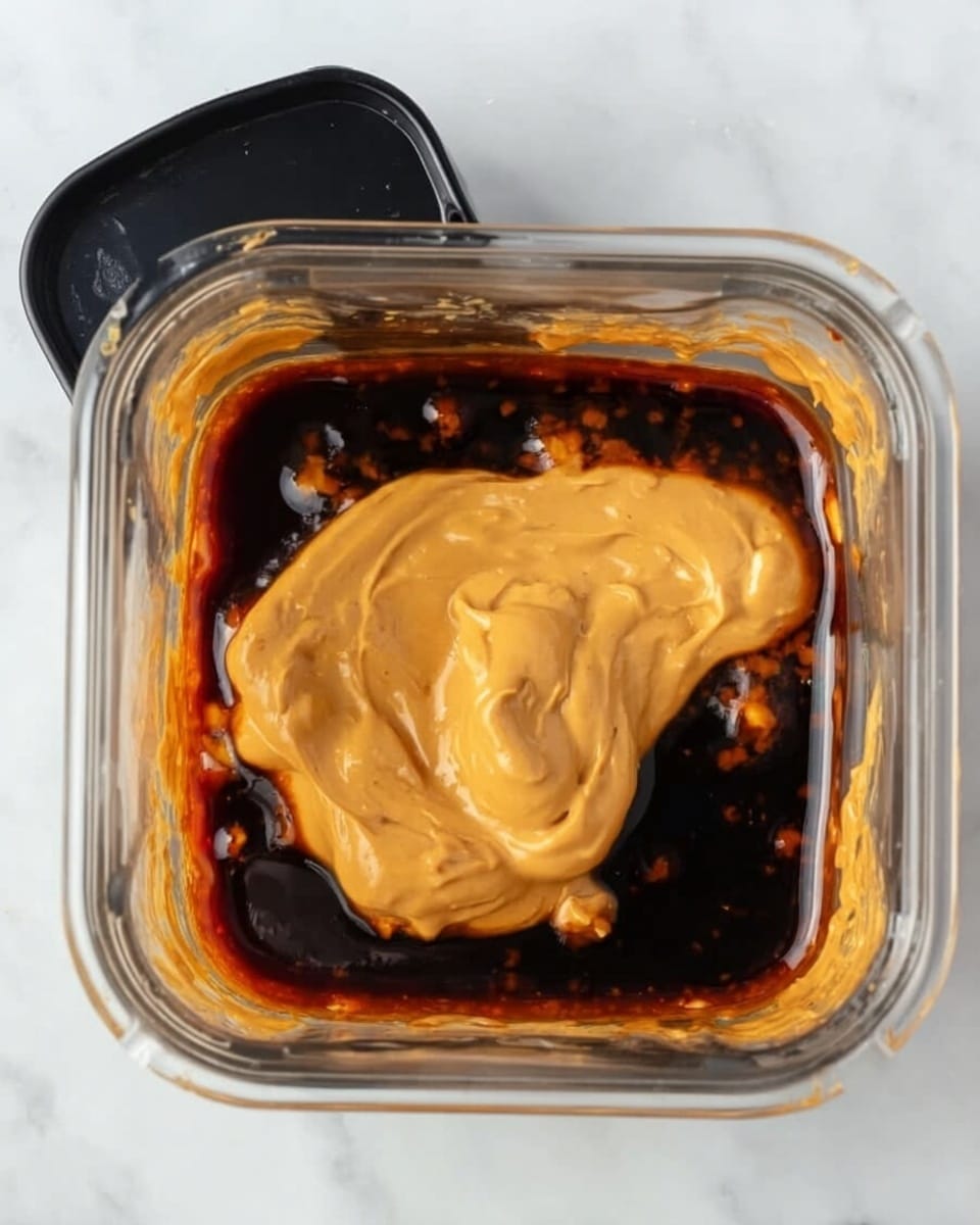 The image shows a top view inside a clear square blender jar placed on a white marbled surface. Inside the jar, there are two main layers of sauces or liquids. The bottom layer is dark brown and glossy, filling about half of the container. Resting on top of this dark layer is a thick, smooth, light brown or tan creamy layer that appears to have just been spooned or dolloped in, slightly mixing at the edges. The textures contrast between the shiny dark layer and the matte creamy top layer. The jar's black lid edge is visible at the top left corner. Photo taken with an iphone --ar 4:5 --v 7
