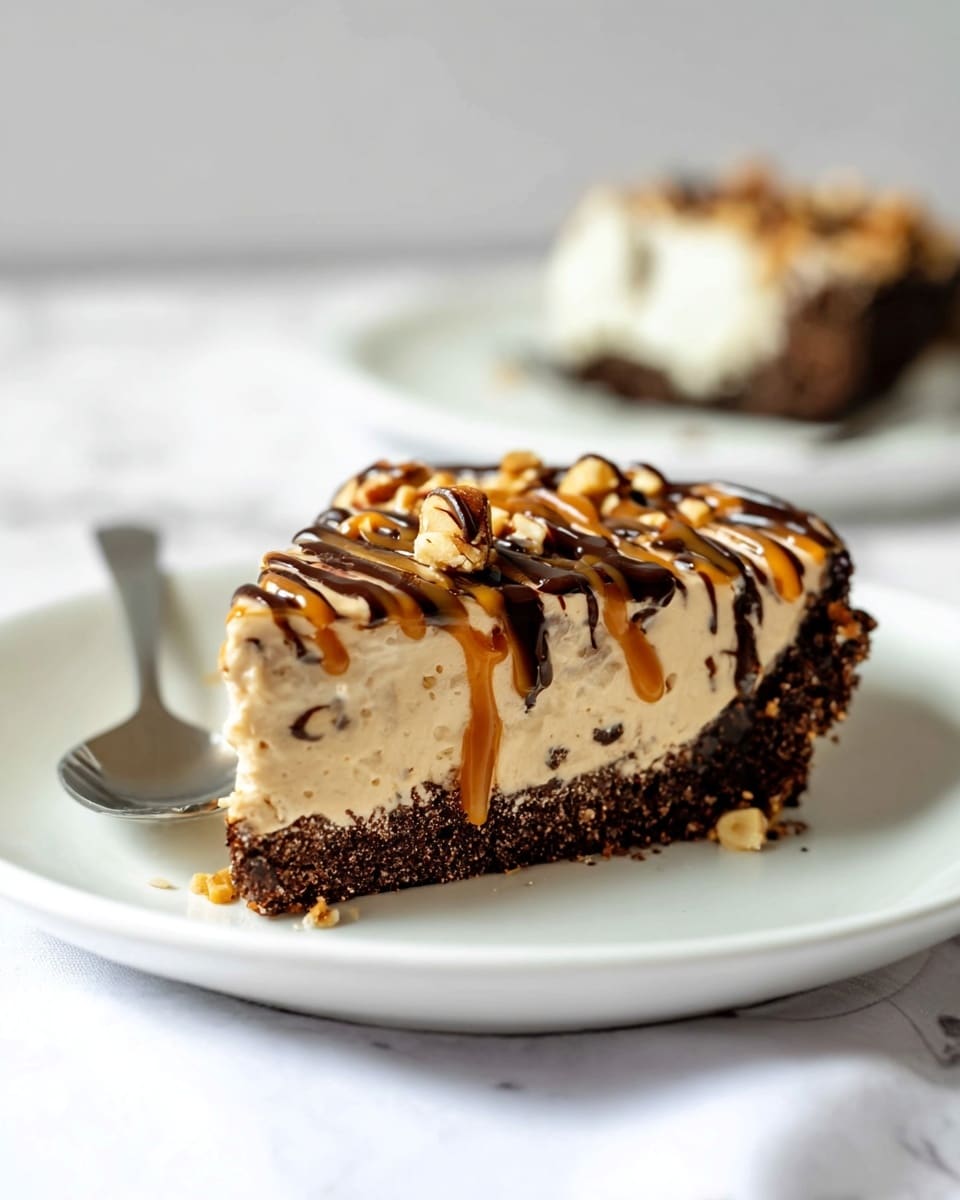 A round tart with a dark brown crust holds a smooth layer of rich chocolate filling topped with a thick swirl of light caramel-colored peanut butter sauce that covers the surface unevenly. On top, there are scattered small chunks of chocolate candy, whole roasted peanuts, and thin dark chocolate drizzle creating a mix of textures and colors over the creamy layers. A few peanuts are also placed around the tart on a white marbled surface. The arrangement and colors give a rich and inviting look. photo taken with an iphone --ar 4:5 --v 7