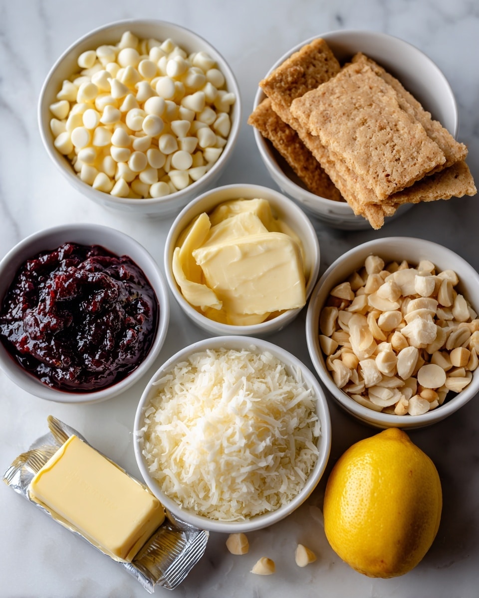 This image shows eight small bowls and items arranged on a white marbled surface. Each bowl holds a different ingredient: one has white chocolate chips that are small and round, another holds crushed shortbread cookies, a third contains sweetened condensed milk that is light yellow and smooth, and a fourth has dark raspberry jam with a thick texture. There is also a bowl filled with shredded sweetened coconut that looks fluffy, and another with chopped macadamia nuts that are beige and rough in texture. Separately placed on the surface are a stick of unsalted butter in a yellow wrapper, two small shortbread cookie pieces resting near the bowls, and a fresh whole lemon that is bright yellow and smooth. The ingredients are spaced neatly and well lit. Photo taken with an iphone --ar 4:5 --v 7