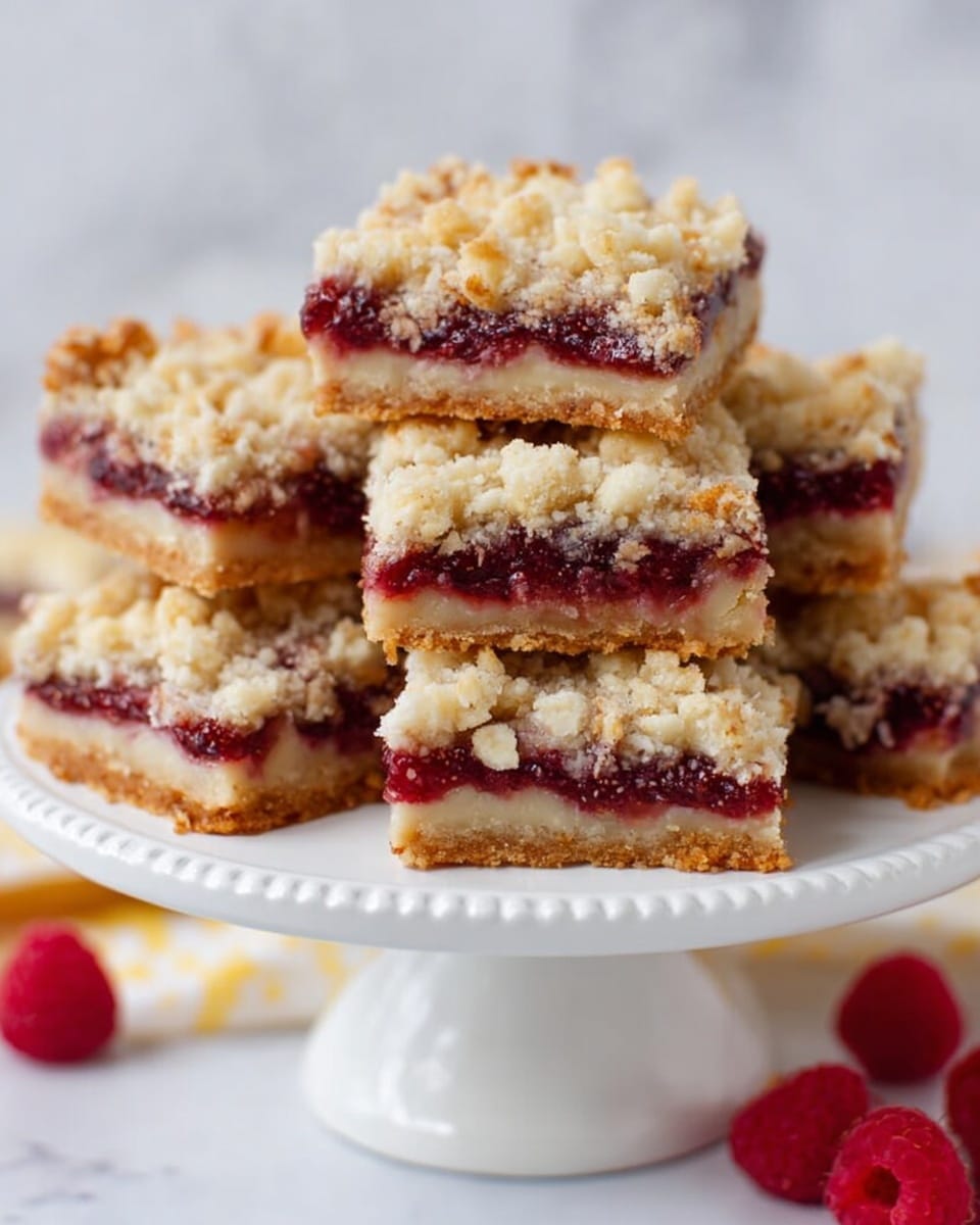 The image shows a stack of six dessert bars on a white cake stand with fine details on its base, placed on a white marbled surface. Each bar has three clear layers: a firm light brown crust at the bottom, a thick deep red jam layer in the middle, and a crumbly pale cream topping mixed with small crunchy chopped pieces on top. The bars are square-shaped with even edges, and the top crumb layer looks soft but textured. Around the stand, a few red raspberries are scattered, adding bright color contrast. The background is softly blurred with a white marbled texture. photo taken with an iphone --ar 4:5 --v 7