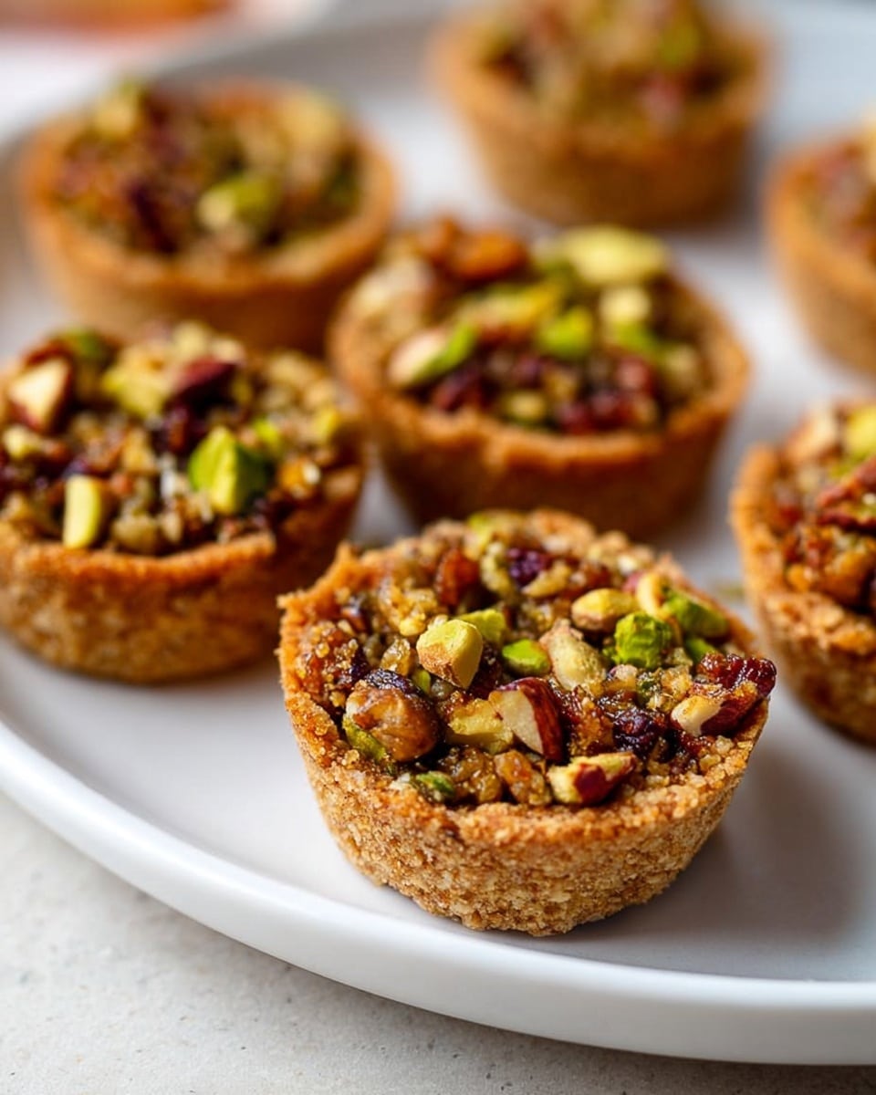 Nine small tartlets sit closely together on a white plate with a speckled texture, each tartlet having a golden brown, crumbly crust as the base layer and filled with a mix of chopped nuts and seeds in shades of green, brown, and yellow, forming a chunky, textured top layer. In the background, a small white bowl holds a similar nut and seed mix, slightly blurred, next to two tall glasses of amber-colored tea with gold rims, placed on a white marbled surface with a neutral beige cloth softly draped behind. photo taken with an iphone --ar 4:5 --v 7