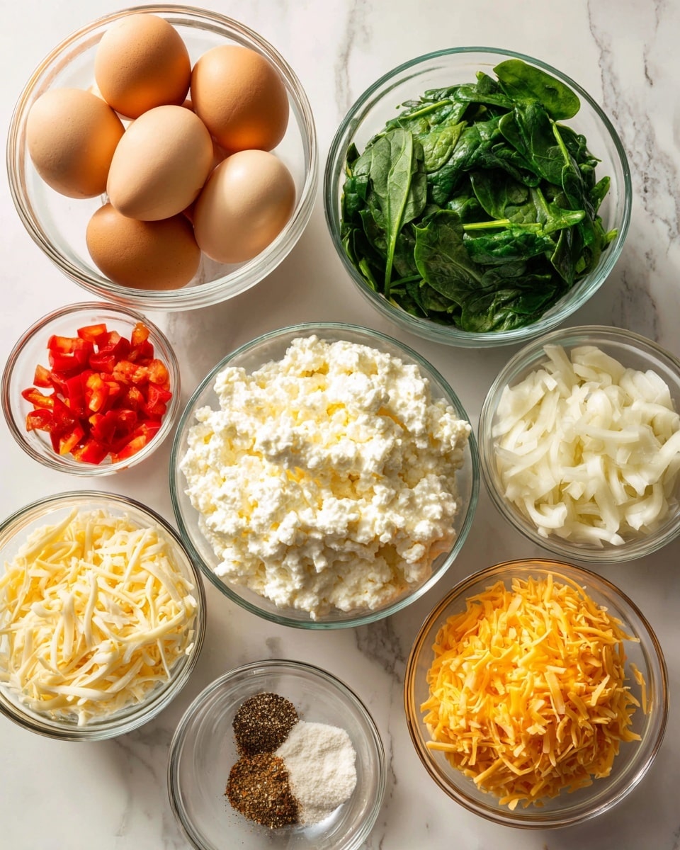 A white marbled surface holds nine clear glass bowls with different ingredients. The largest bowl, placed near the top center, is filled with a pile of light brown eggs with smooth shells. To the right of it, a medium bowl is full of bright green chopped spinach leaves. Below the eggs and spinach, a very full medium bowl contains white cottage cheese with a soft, lumpy texture. Surrounding the cottage cheese are smaller bowls: to the left, a bowl with small red diced bell peppers, a bowl with thin pale yellow shredded gouda cheese, and in front, a clear bowl with a small mixture of light and dark seasonings labeled as salt, pepper, and garlic powder. To the right of the cottage cheese, a bowl with small white diced onion pieces sits next to a bowl of bright orange shredded cheddar cheese. A small clear bowl of Italian seasoning is placed near the seasoning bowl in the front row. The scene is well lit and clean, photo taken with an iphone --ar 4:5 --v 7