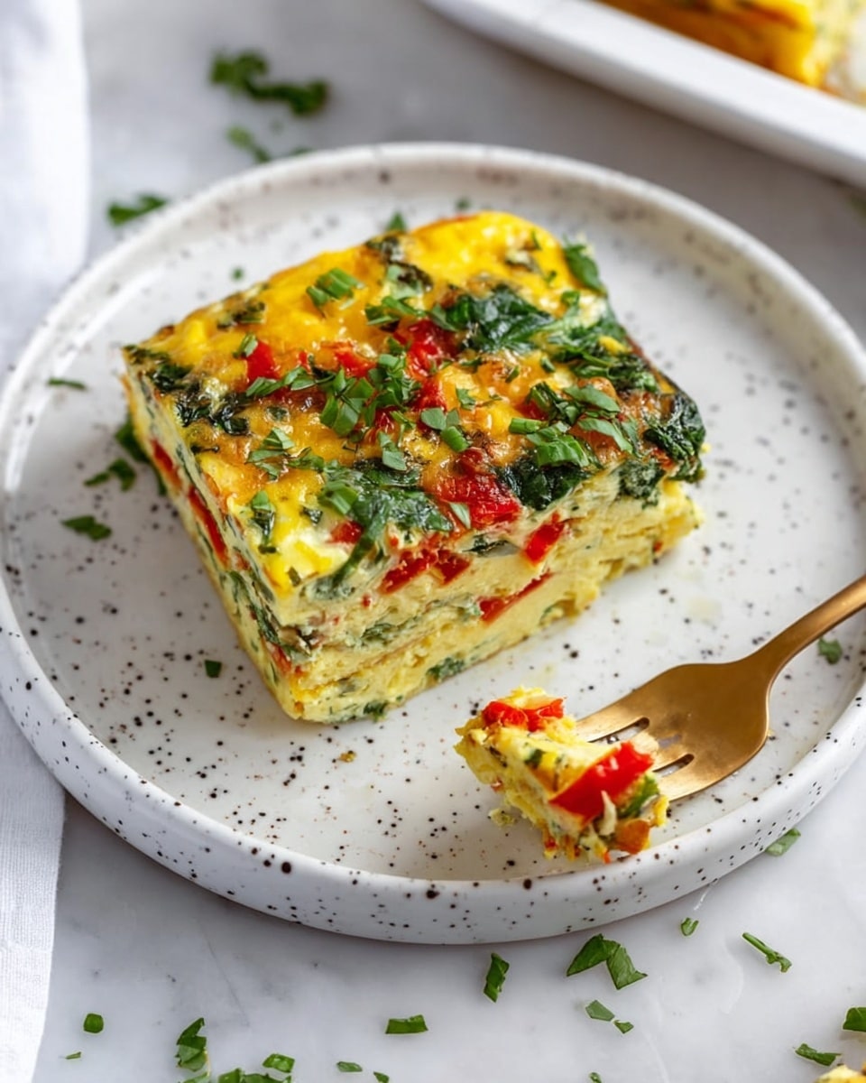 A square piece of vegetable egg bake is being lifted by a white spatula above a white baking dish, showing layers of cooked eggs mixed with green spinach, small red pepper pieces, and melted yellow cheese. The egg bake has a slightly golden top layer, with visible leafy and small diced veggie textures throughout. The dish rests on a white marbled surface with more pieces of egg bake inside the baking pan, some with browned cheese spots around the edges. The scene is bright and clear with natural lighting. Photo taken with an iphone --ar 4:5 --v 7