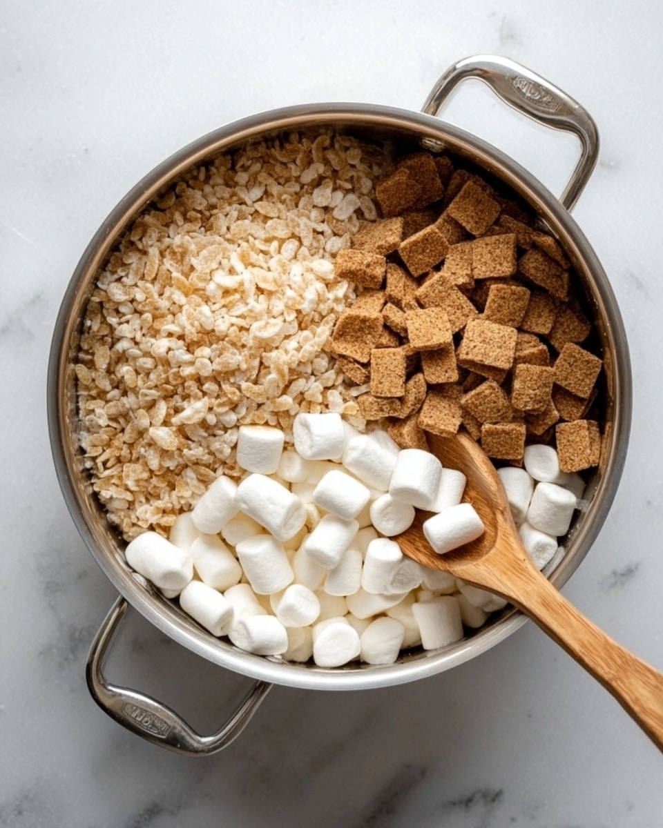 A silver pot on a white marbled surface holds three sections of dry ingredients: light beige puffed rice cereal on the left, small white marshmallows on the right, and square brown cereal pieces at the top. A wooden spoon rests diagonally in the pot with its handle on the bottom right side. The texture of the cereals is crisp and the marshmallows appear soft and fluffy. photo taken with an iphone --ar 4:5 --v 7