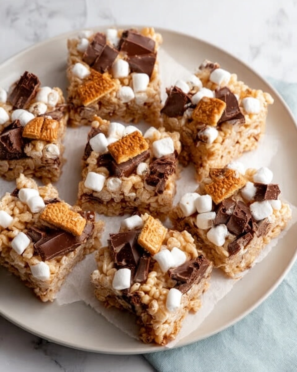 The image shows seven square pieces of a dessert bar arranged on white parchment paper on a white plate, placed on a white marbled surface. Each bar has a textured base layer of light tan crispy rice cereal, topped unevenly with a mix of small white marshmallows, golden brown graham cracker pieces, and dark brown chocolate chunks in rectangular shapes. The bars have a rough and slightly sticky texture with popcorn-like puffiness from the cereal and soft marshmallows peeking through. The colors contrast in a balanced way with the white, light tan, golden, and rich brown tones. photo taken with an iphone --ar 4:5 --v 7