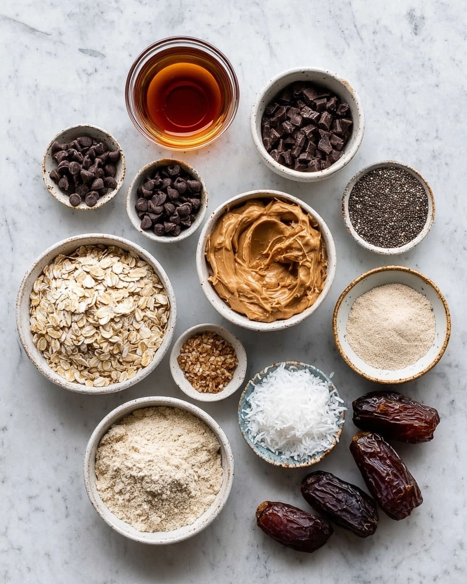 The image shows eleven small bowls and dishes arranged on a white marbled surface, each filled with different ingredients. From left to right, there is a short glass filled with a dark amber liquid, next to a small bowl with a dark brown liquid. Below these, there is a white bowl with small dark brown chocolate chips, and to its right a white bowl filled with small black chia seeds. In the center is a bowl with creamy peanut butter in light brown color, surrounded by a bowl of oats on its right and a bowl filled with dark brown chocolate chips above it. Bottom row features a white bowl of light beige powder on the left, topped center is a white bowl filled with shredded coconut, to the right of that a small bowl with white salt, and to the far right a white dish holding two brown dates. A small dish of white coconut oil is also part of this clean and organized arrangement. All containers are white or off-white with natural, simple designs. Photo taken with an iphone --ar 4:5 --v 7