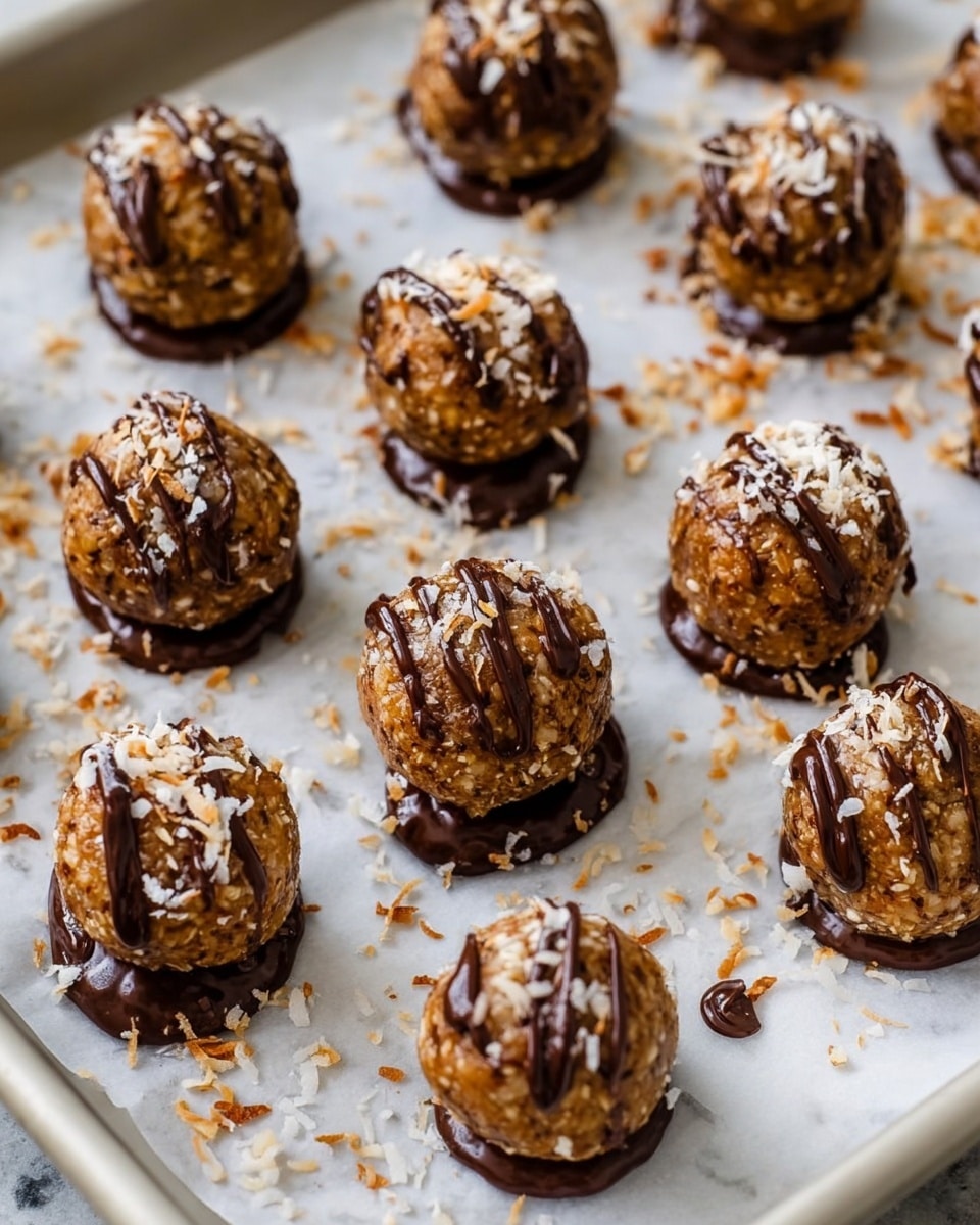The image shows about 15 round energy balls on a white marbled baking tray lined with white parchment paper. Each ball is brown with a textured surface from small bits inside, coated with dark brown chocolate drizzled lightly on top. The balls sit on small dollops of chocolate, acting like a base, and are sprinkled with white and light tan shredded coconut flakes, adding a mix of rough and soft textures. The balls are arranged in a loose grid pattern, and scattered coconut flakes add extra detail around them. Photo taken with an iphone --ar 4:5 --v 7