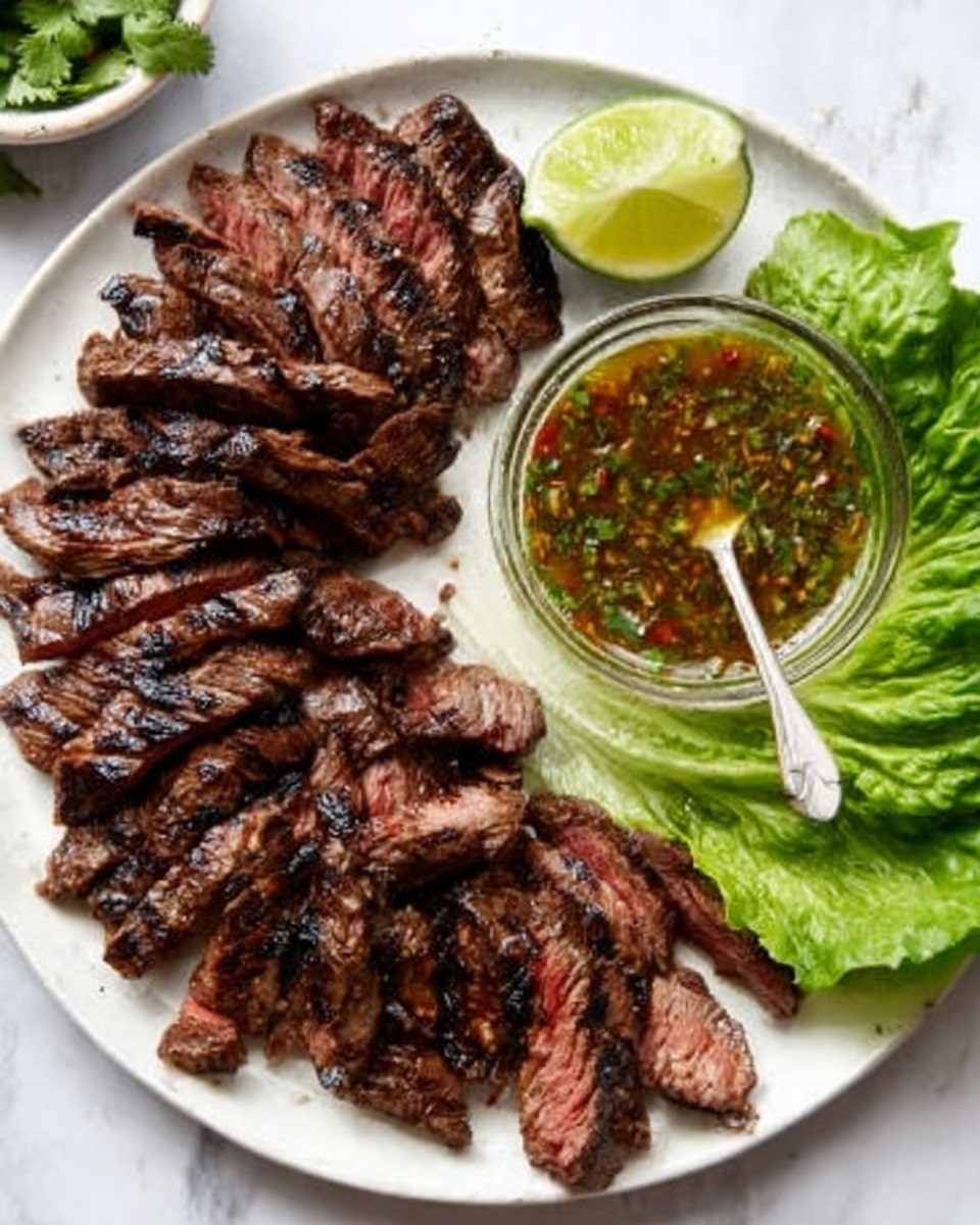 A white round plate on a white marbled surface holds two layers of sliced grilled steak pieces arranged in a semi-circle, showing a mix of dark brown grilled edges and pink inside. On the right side of the plate, there is a green lettuce leaf base with a transparent small bowl of greenish-brown sauce on top, with a spoon inside the bowl. Above the sauce, a half lime with bright green skin is placed. The colors are rich and natural, showing the juicy texture of the steak and freshness of the garnish. photo taken with an iphone --ar 4:5 --v 7