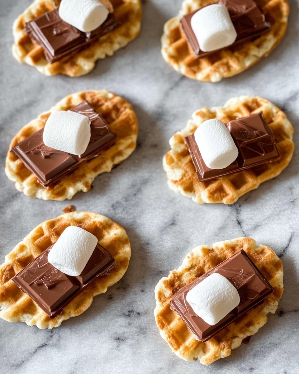 The image shows six small oval-shaped waffles laid on a white marbled surface covered with a sheet of parchment paper. Each waffle is light golden brown with a crisscross pattern. On top of each waffle, there is a square piece of milk chocolate, some broken. Two round white marshmallows are placed on each chocolate square, creating a three-layer look: waffle at the bottom, chocolate in the middle, and marshmallows on top. The scene looks ready for cooking or melting. photo taken with an iphone --ar 4:5 --v 7